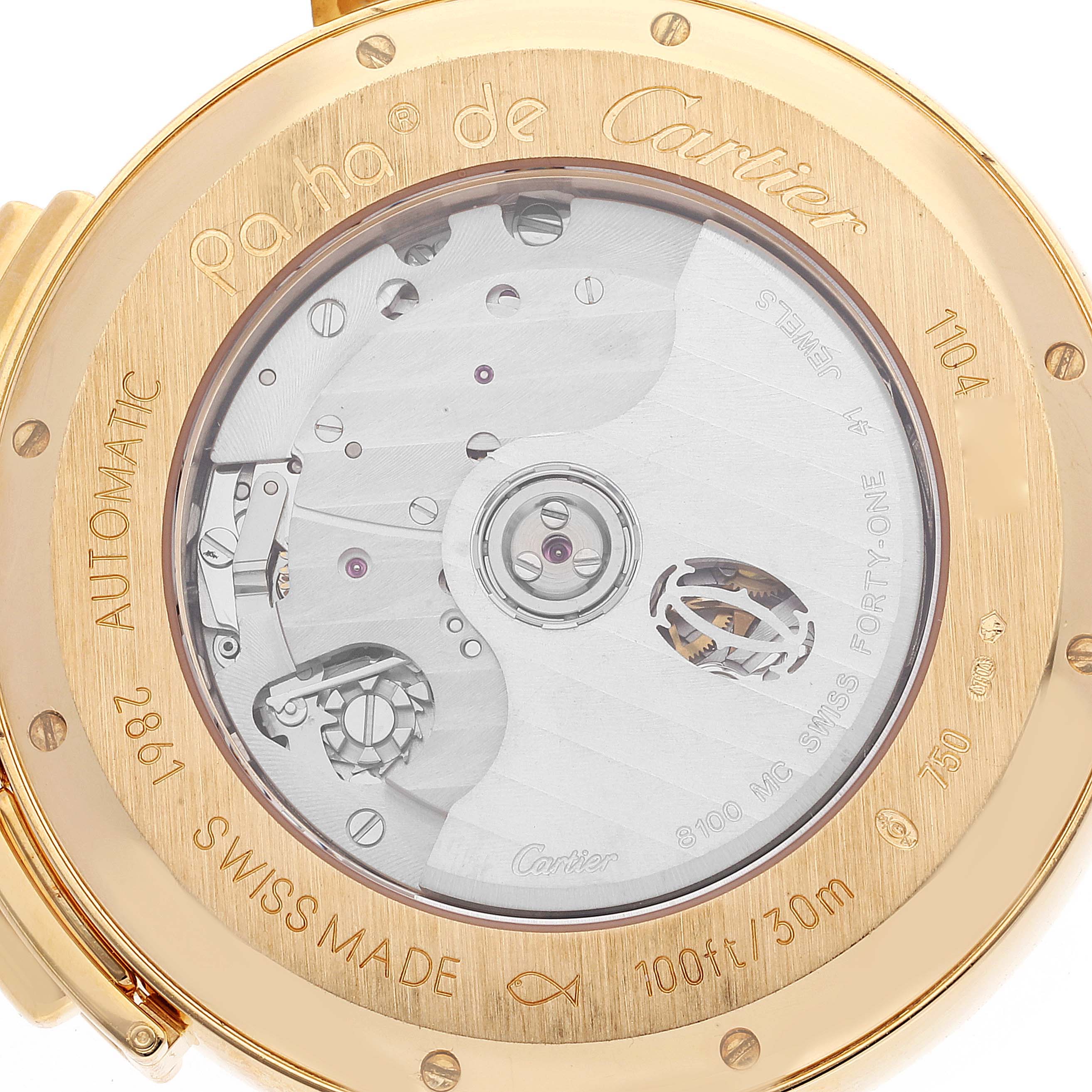The image shows the back of the Cartier Pasha W3020151 Men's Yellow Gold Silver Dial W3020151 Men's Yellow Gold Silver Dial watch, highlighting its automatic movement and internal mechanisms.