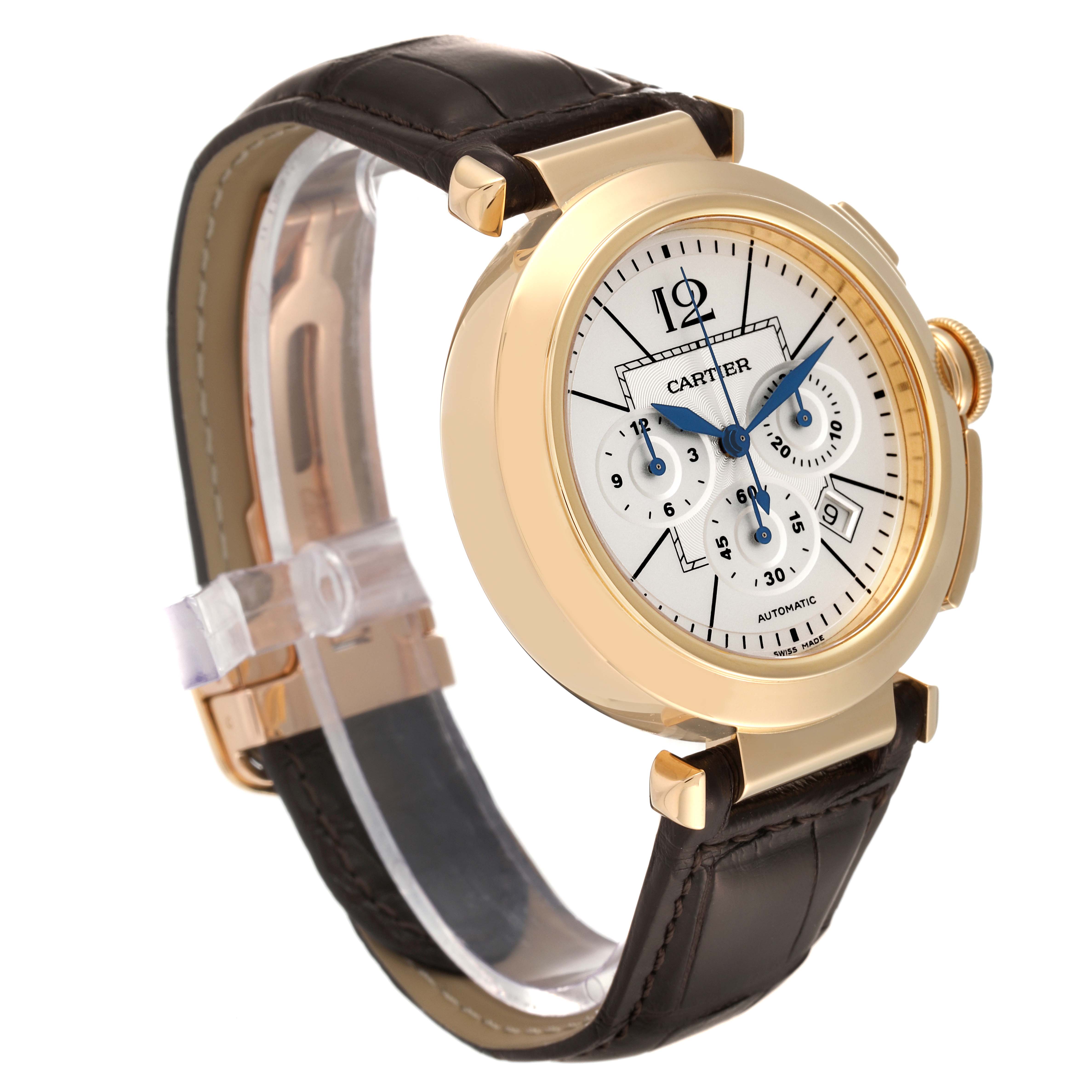 This image shows a side angle of the Cartier Pasha W3020151 Men's Yellow Gold Silver Dial W3020151 Men's Yellow Gold Silver Dial watch, highlighting its gold case, black leather strap, and detailed dial.