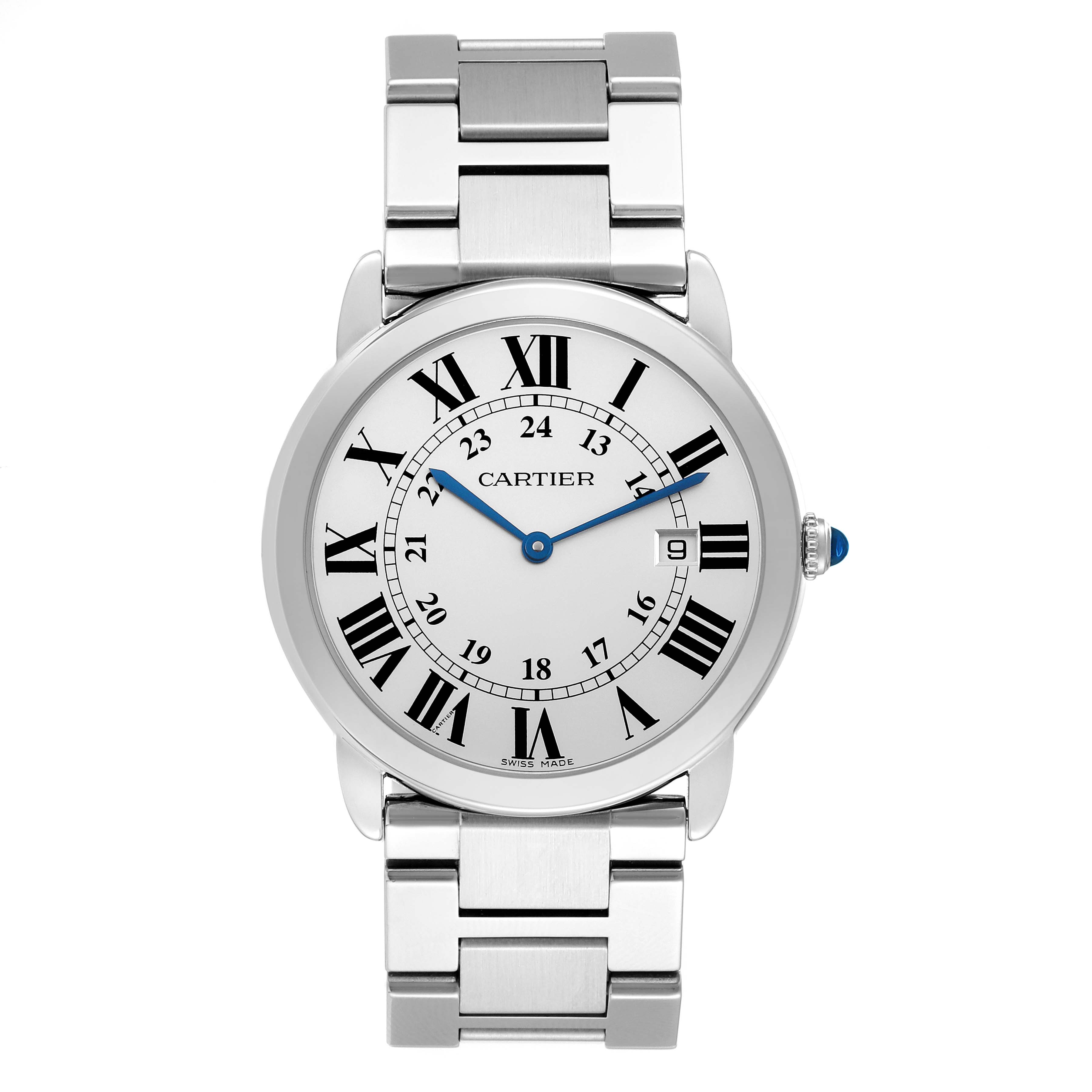 The image shows a front view of the Cartier Ronde W6701005 Men
s Stainless Steel Silver Dial W6701005 Men
s Stainless Steel Silver Dial watch, displaying its dial, hands, and metal bracelet.