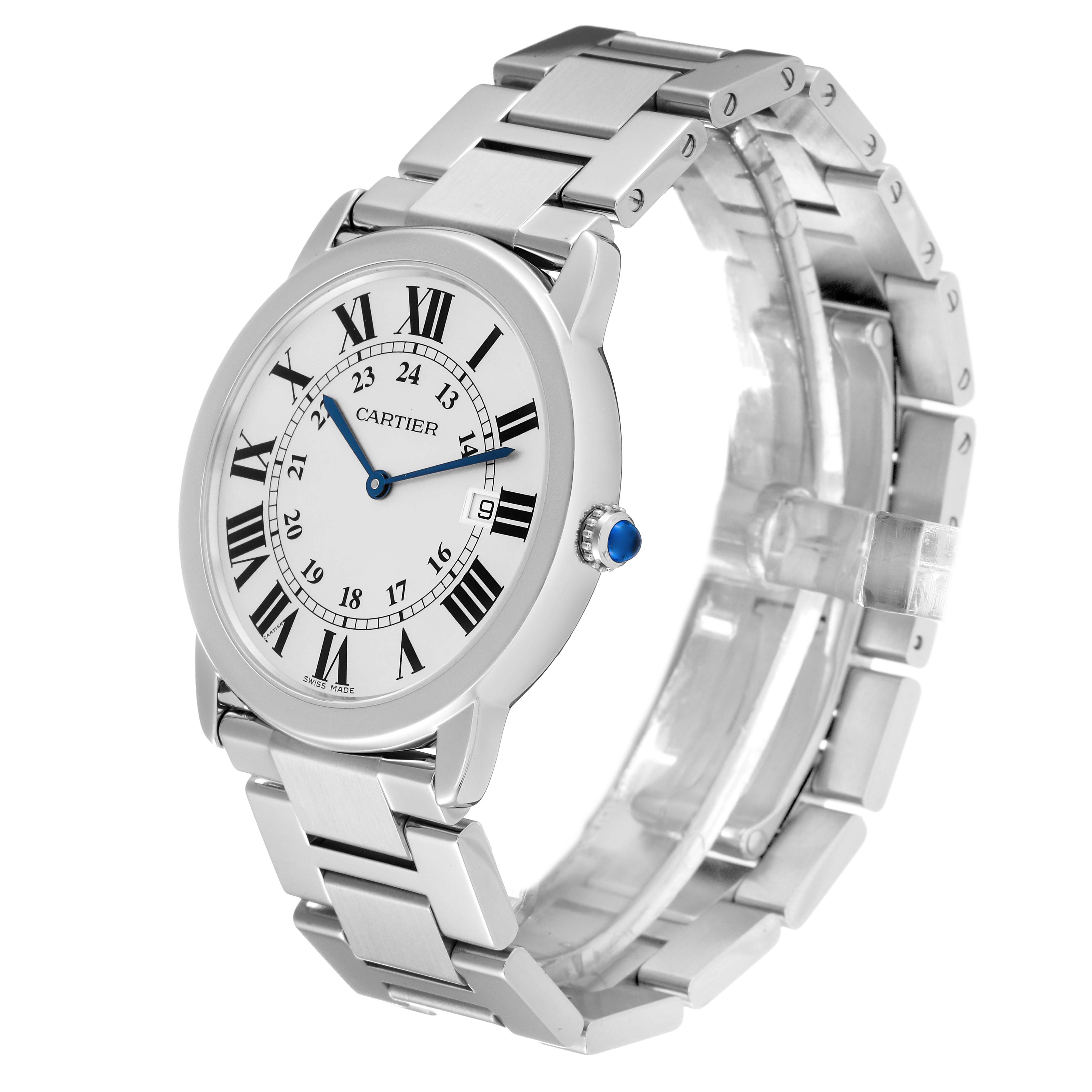 The image shows a side view of the Cartier Ronde W6701005 Men
s Stainless Steel Silver Dial W6701005 Men
s Stainless Steel Silver Dial model watch, highlighting its metal strap, white dial, Roman numerals, and blue hands.