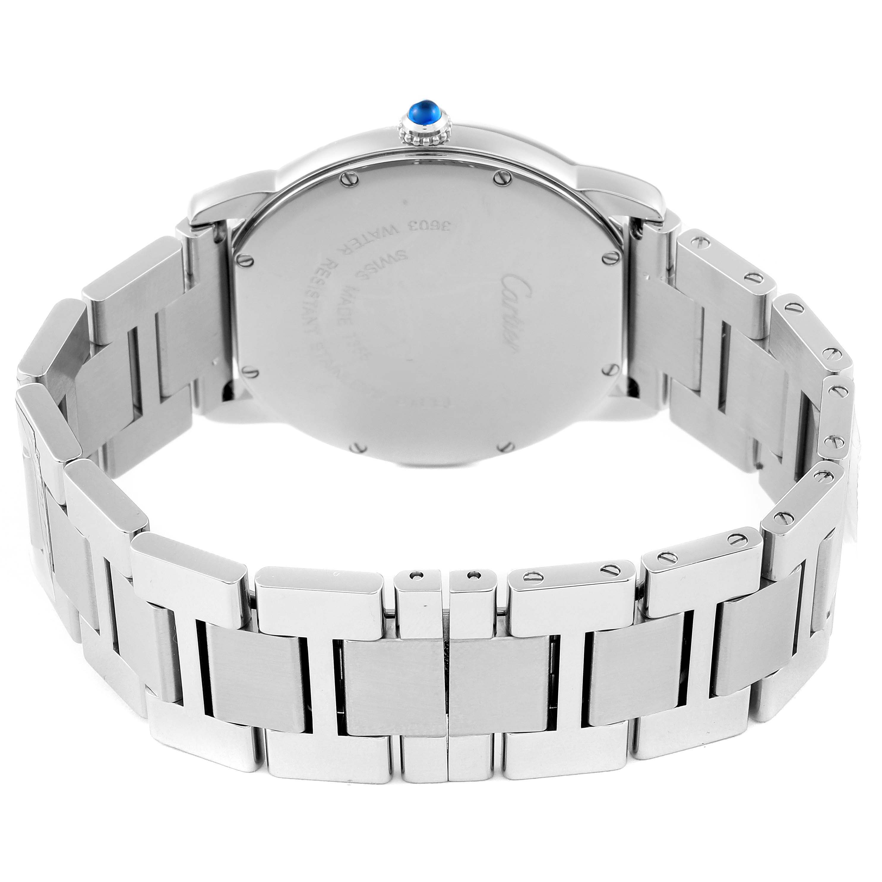 The image shows the back view of the Cartier Ronde W6701005 Men
s Stainless Steel Silver Dial W6701005 Men
s Stainless Steel Silver Dial model watch, highlighting its metal band and case back with a blue cabochon crown.
