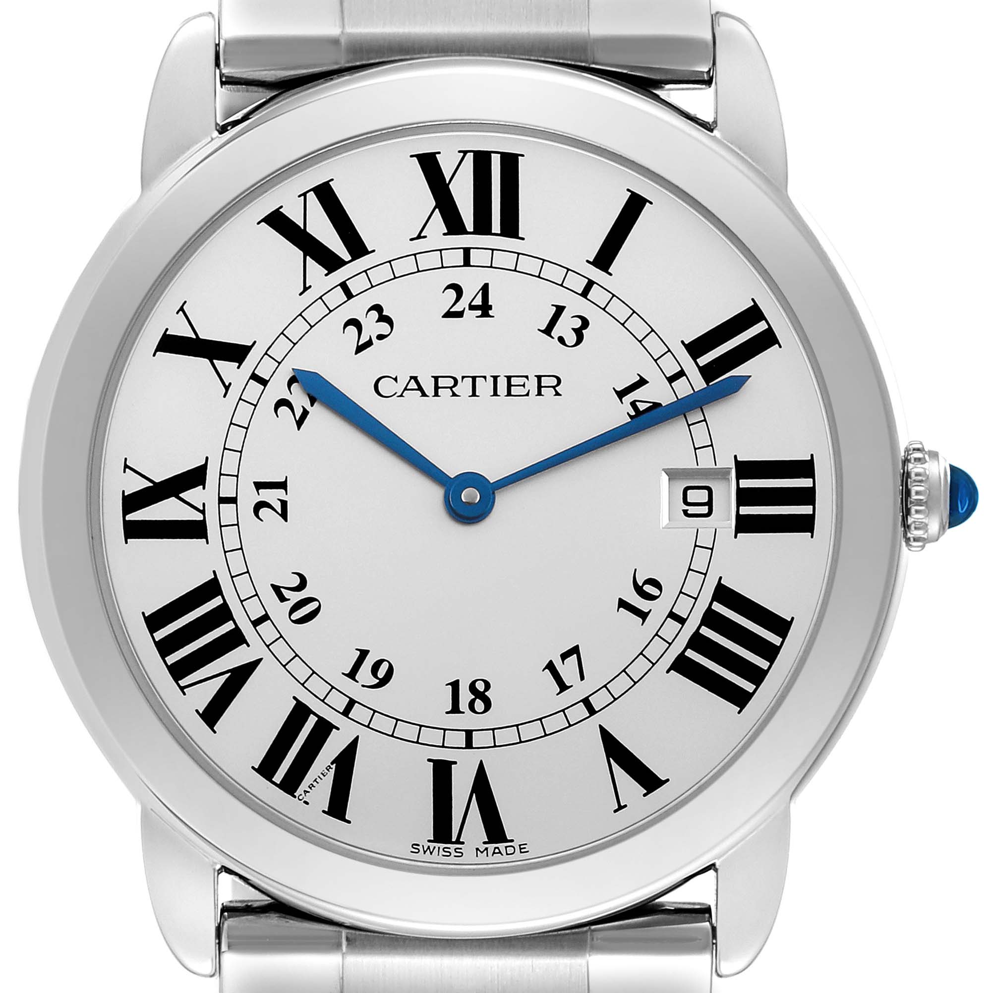 This image shows a front view of the Cartier Ronde W6701005 Men
s Stainless Steel Silver Dial W6701005 Men
s Stainless Steel Silver Dial watch, highlighting its dial, bezel, and bracelet.
