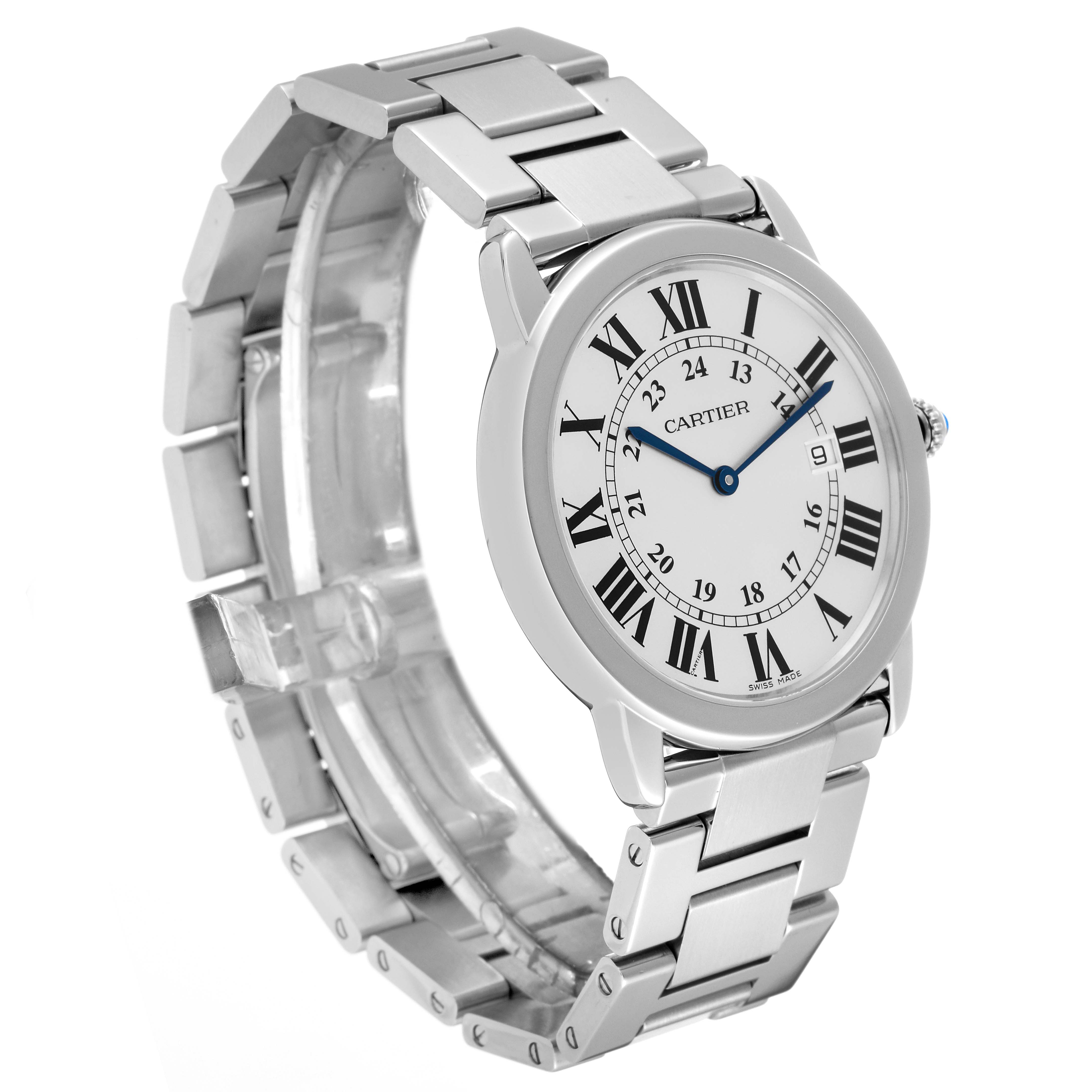 The image shows a side angle of the Cartier Ronde W6701005 Men
s Stainless Steel Silver Dial W6701005 Men
s Stainless Steel Silver Dial watch, highlighting its face and metal bracelet.