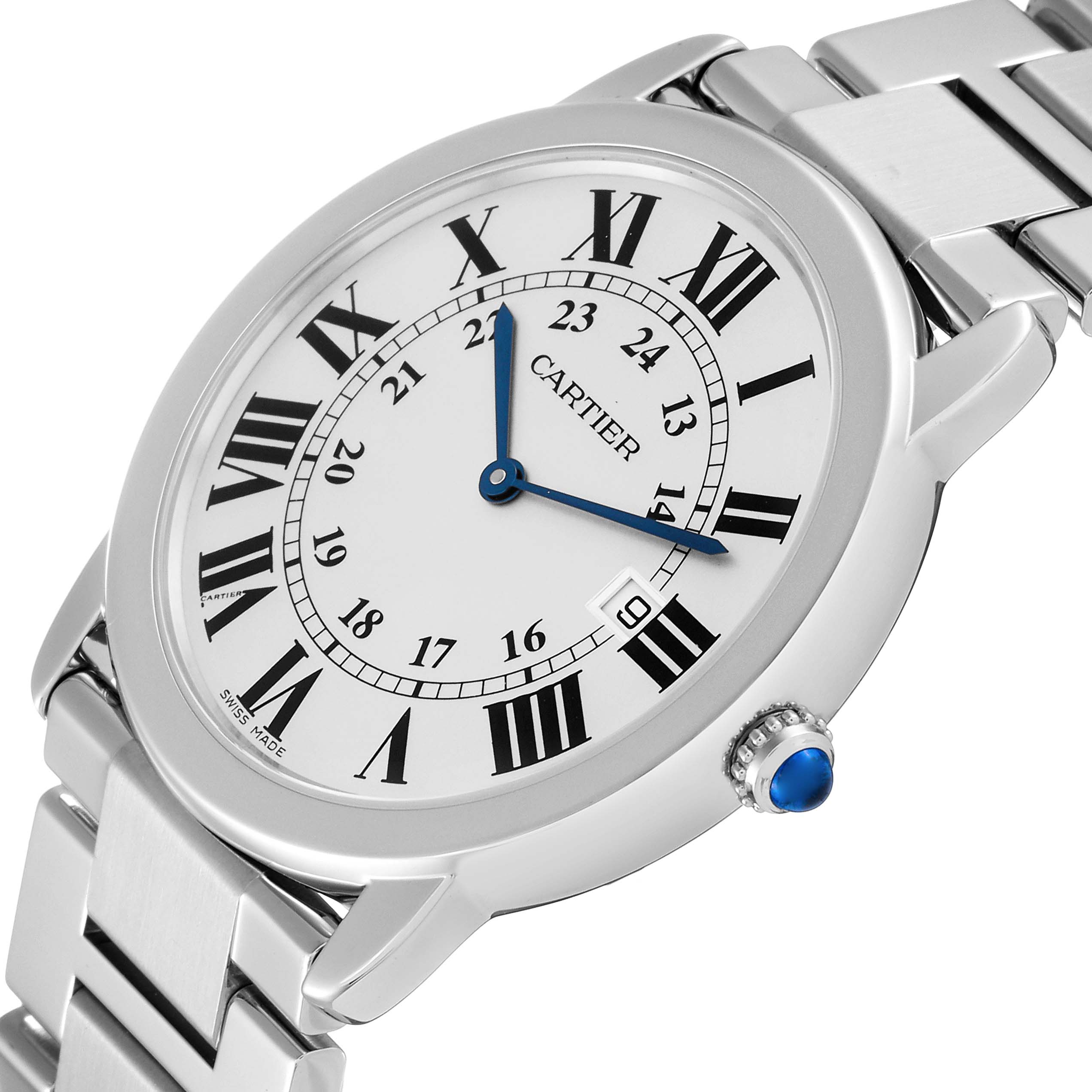 The Ronde watch by Cartier is shown at an angled view, highlighting the face, bezel, crown, and part of the strap.