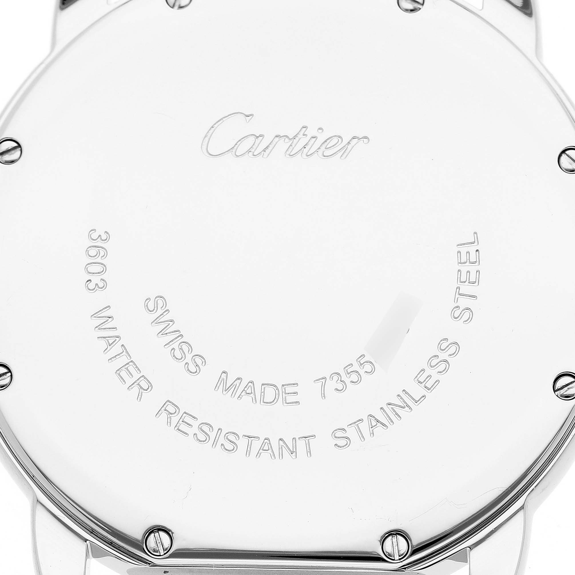 This image shows the back case of a Cartier Ronde W6701005 Men
s Stainless Steel Silver Dial W6701005 Men
s Stainless Steel Silver Dial model watch, highlighting the brand
s engraved details.