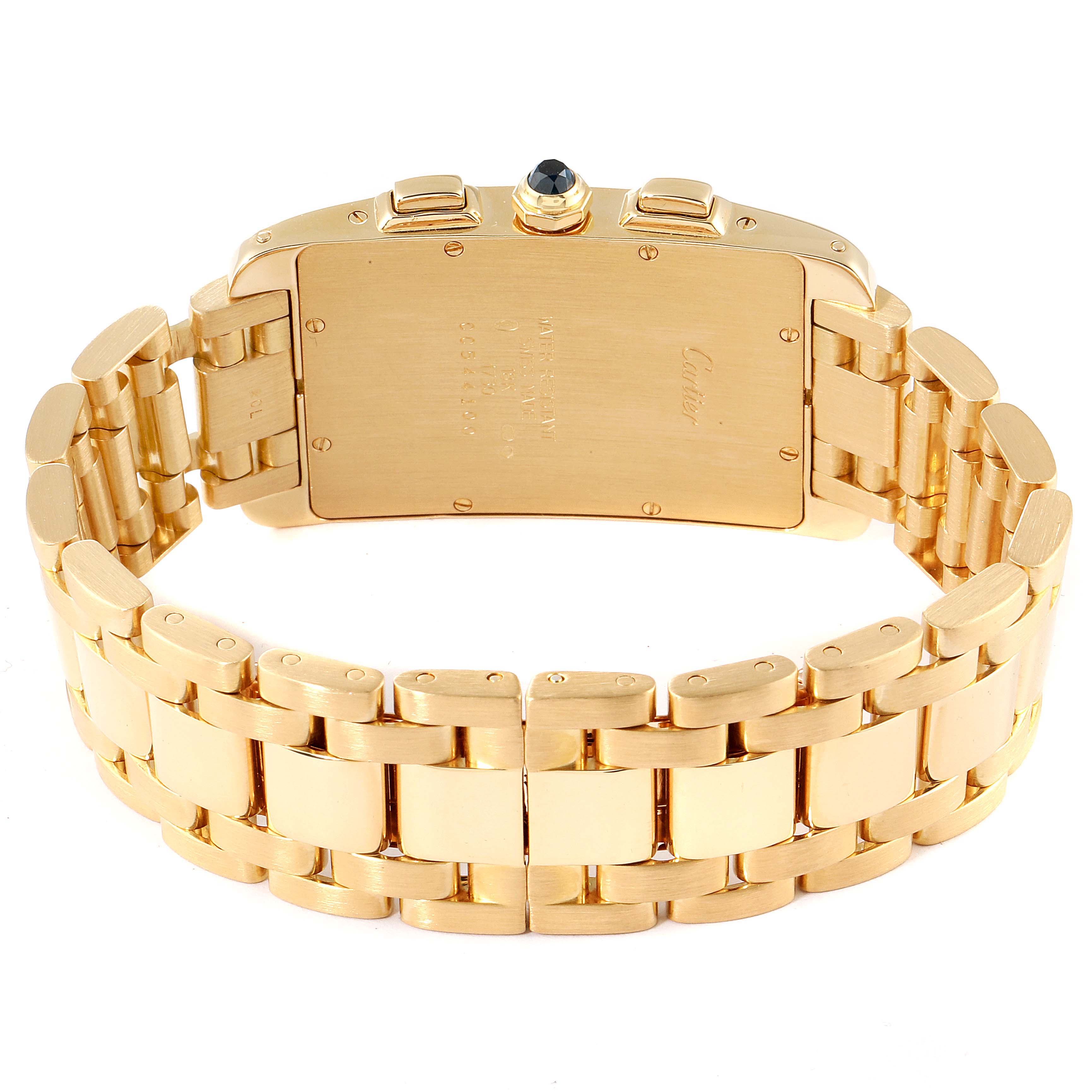 This image shows the back case and bracelet of the Cartier Tank Americaine W2601156 Men's Yellow Gold Silver Dial W2601156 Men's Yellow Gold Silver Dial watch in a rear view angle.