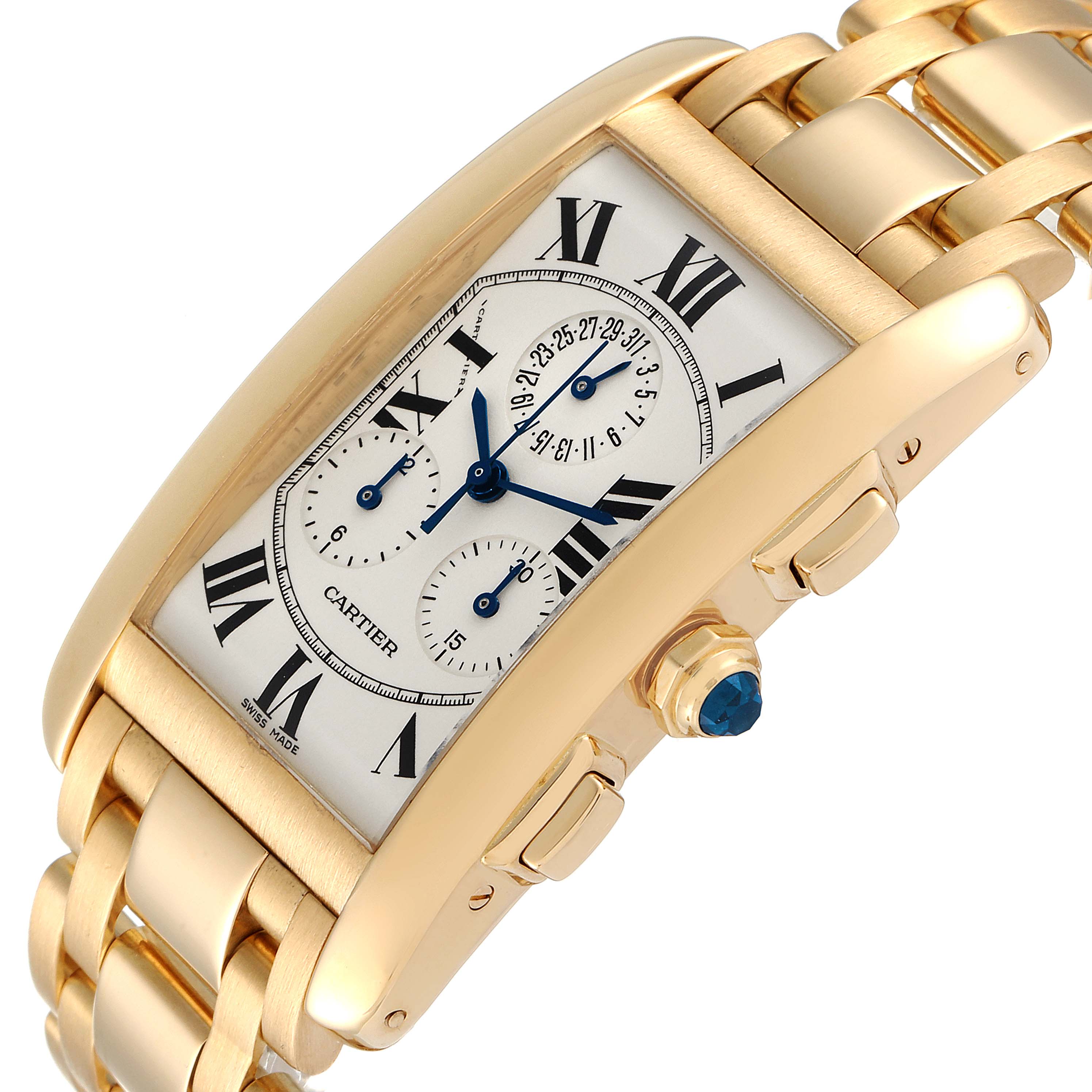The image shows a Cartier Tank Americaine W2601156 Men's Yellow Gold Silver Dial W2601156 Men's Yellow Gold Silver Dial model watch from a slightly angled side view, displaying the face, crown, buttons, and bracelet.