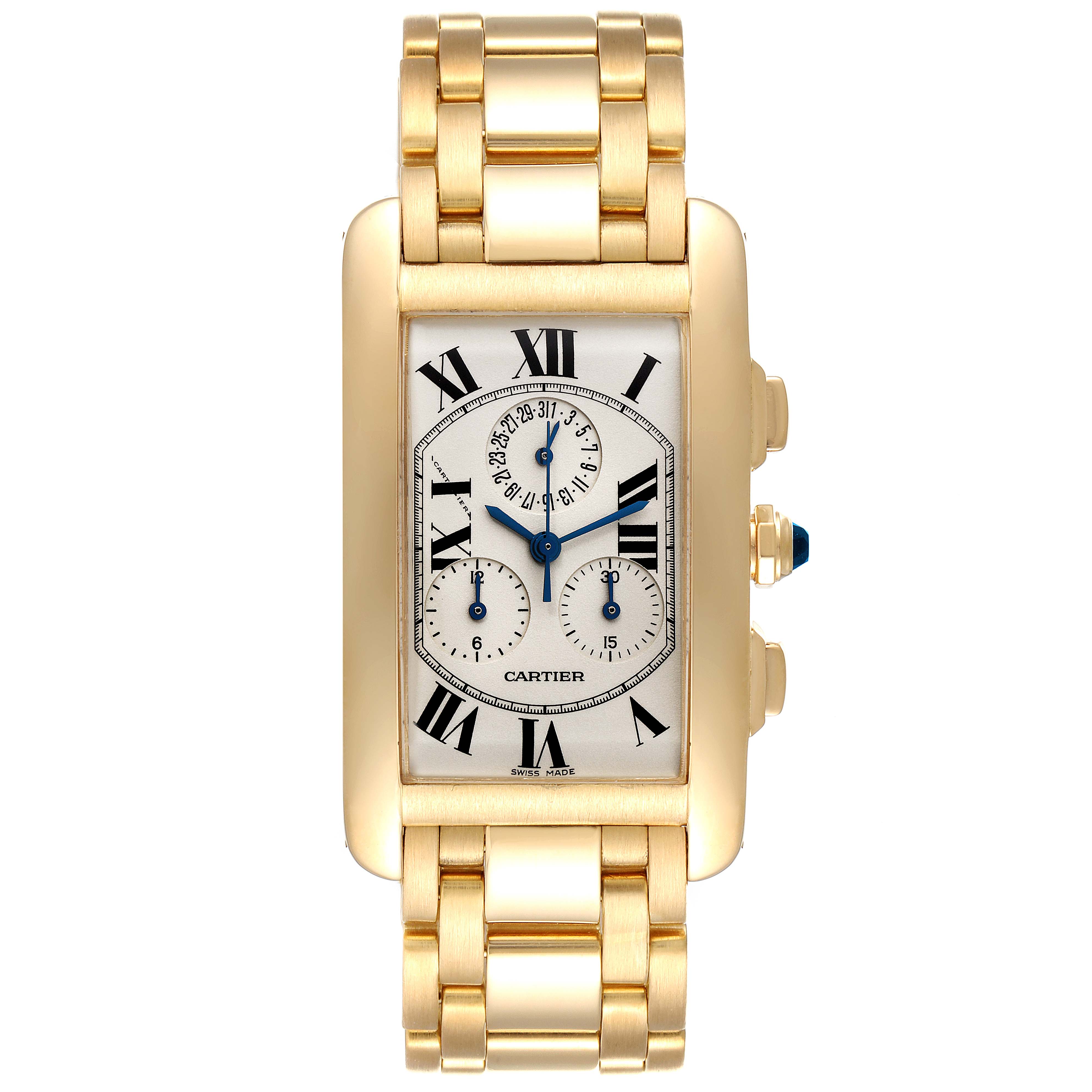 The image shows a front view of a Cartier Tank Americaine W2601156 Men's Yellow Gold Silver Dial W2601156 Men's Yellow Gold Silver Dial watch, displaying its dial, bracelet, and side buttons.