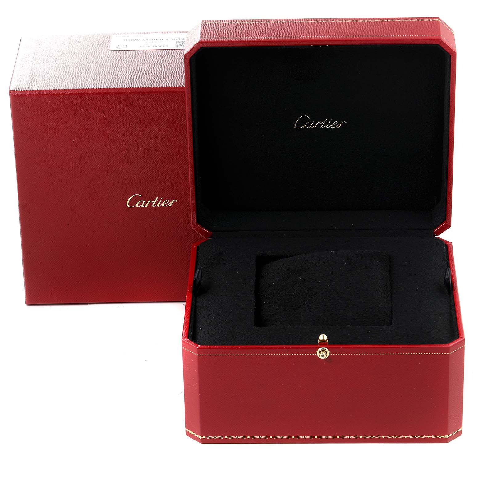 The image shows an open Cartier Tank Américaine watch box, displaying the inner compartment and the Cartier logo prominently.