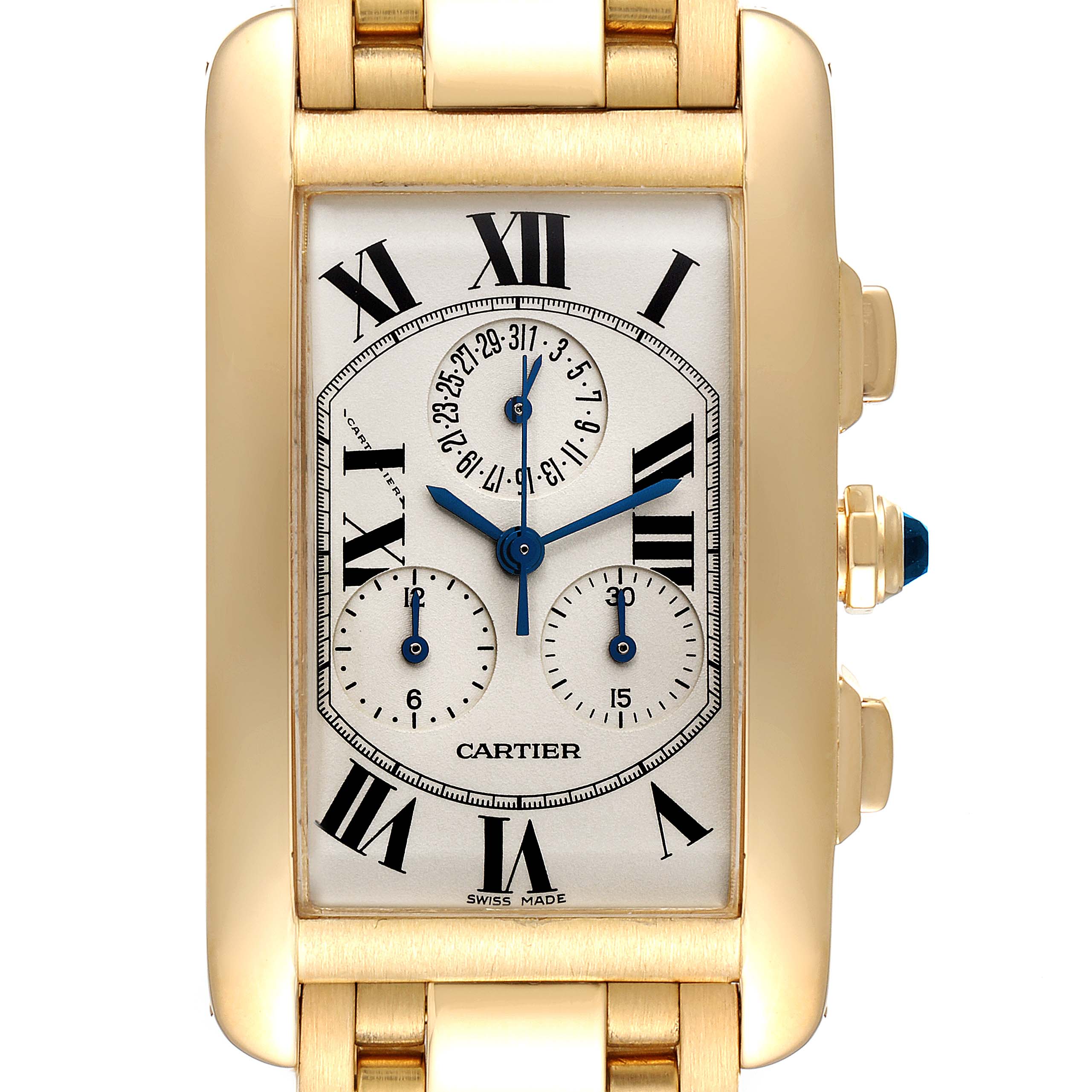 The Cartier Tank Americaine W2601156 Men's Yellow Gold Silver Dial W2601156 Men's Yellow Gold Silver Dial watch is shown from a front angle, displaying its face, Roman numerals, hands, and gold case.