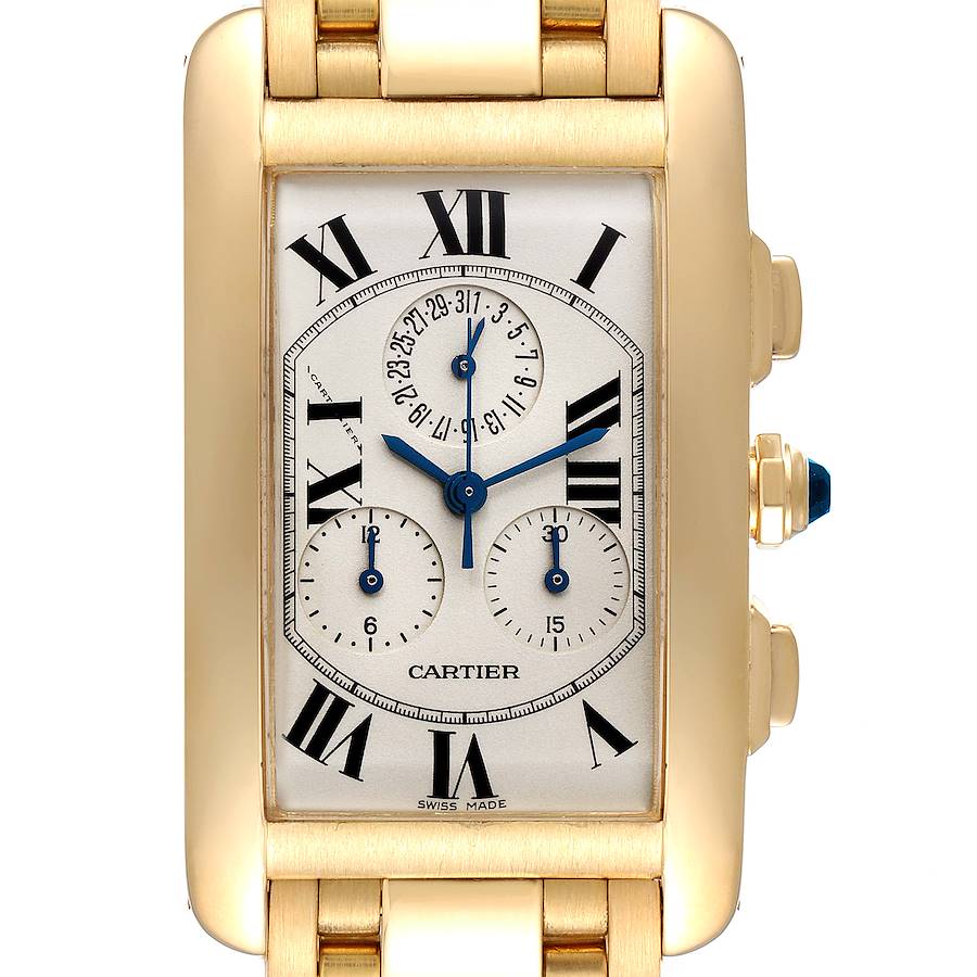 Cartier Tank Americaine Chronograph Yellow Gold Mens Watch W2601156 SwissWatchExpo