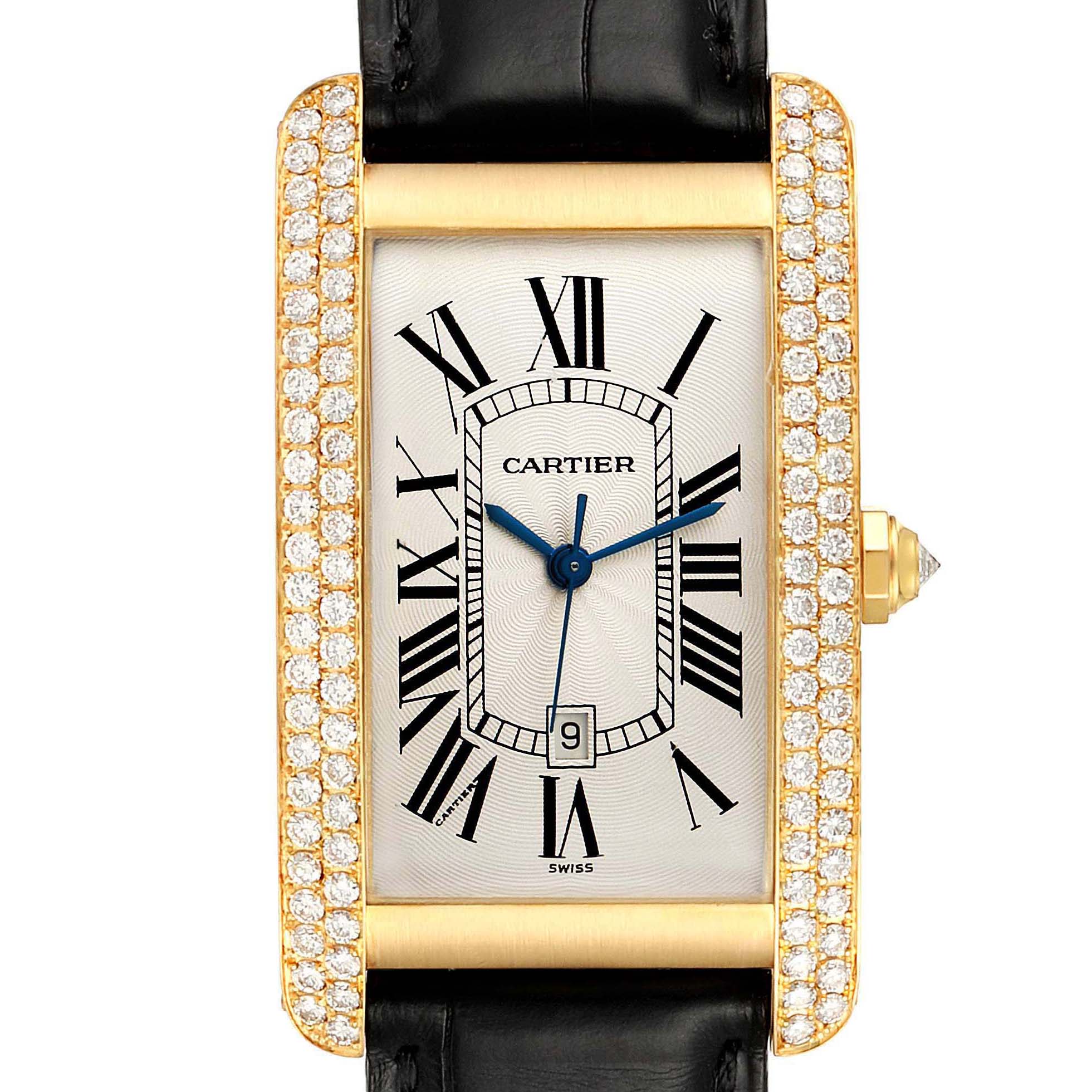 This is a front-facing view of a Cartier Tank Americaine WB702051 Men's Yellow Gold Silver Dial WB702051 Men's Yellow Gold Silver Dial watch, highlighting its rectangular face, black leather strap, and diamond-set bezel.