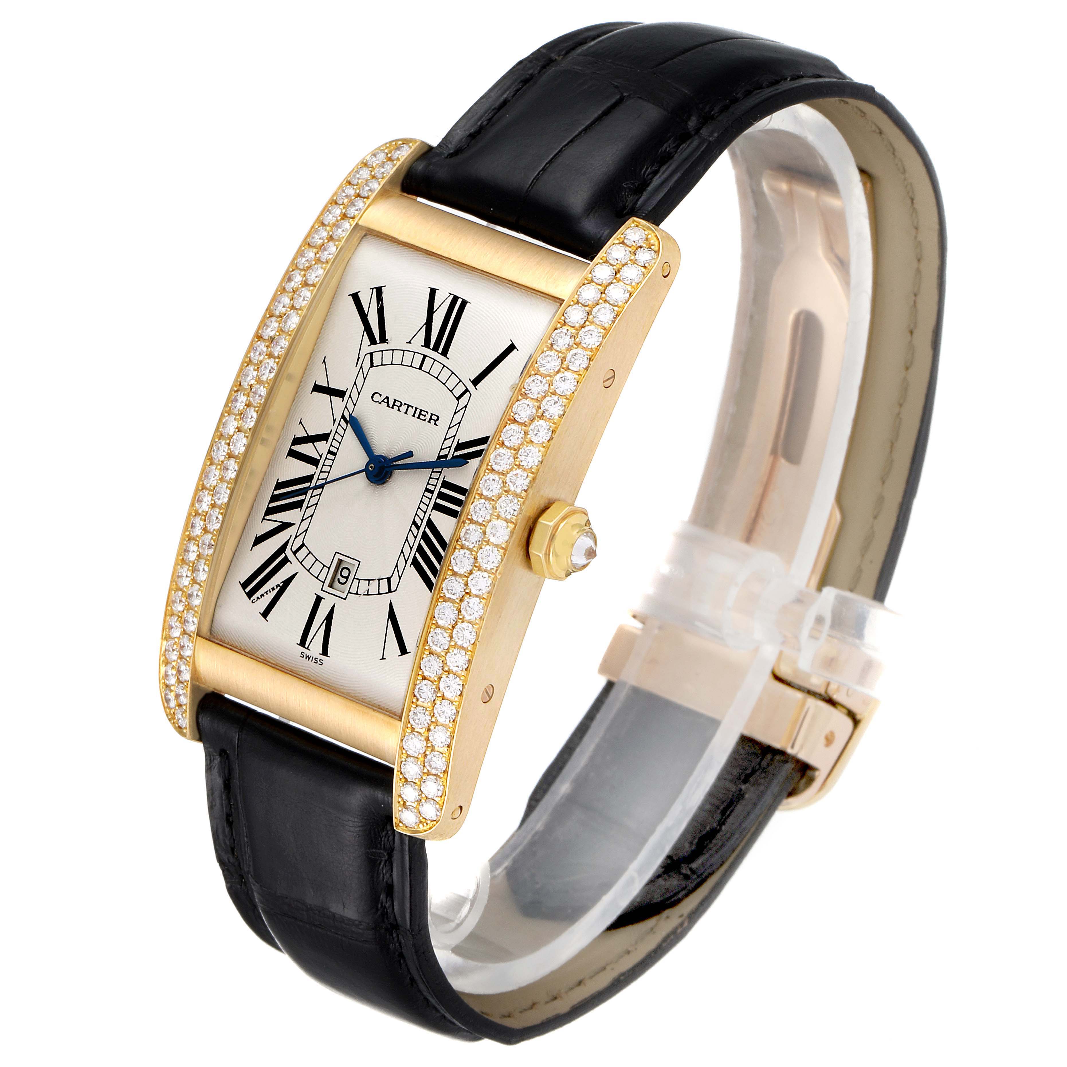 The Cartier Tank Americaine WB702051 Men's Yellow Gold Silver Dial WB702051 Men's Yellow Gold Silver Dial watch is shown at a slight side angle, displaying the face, crown, and leather strap.