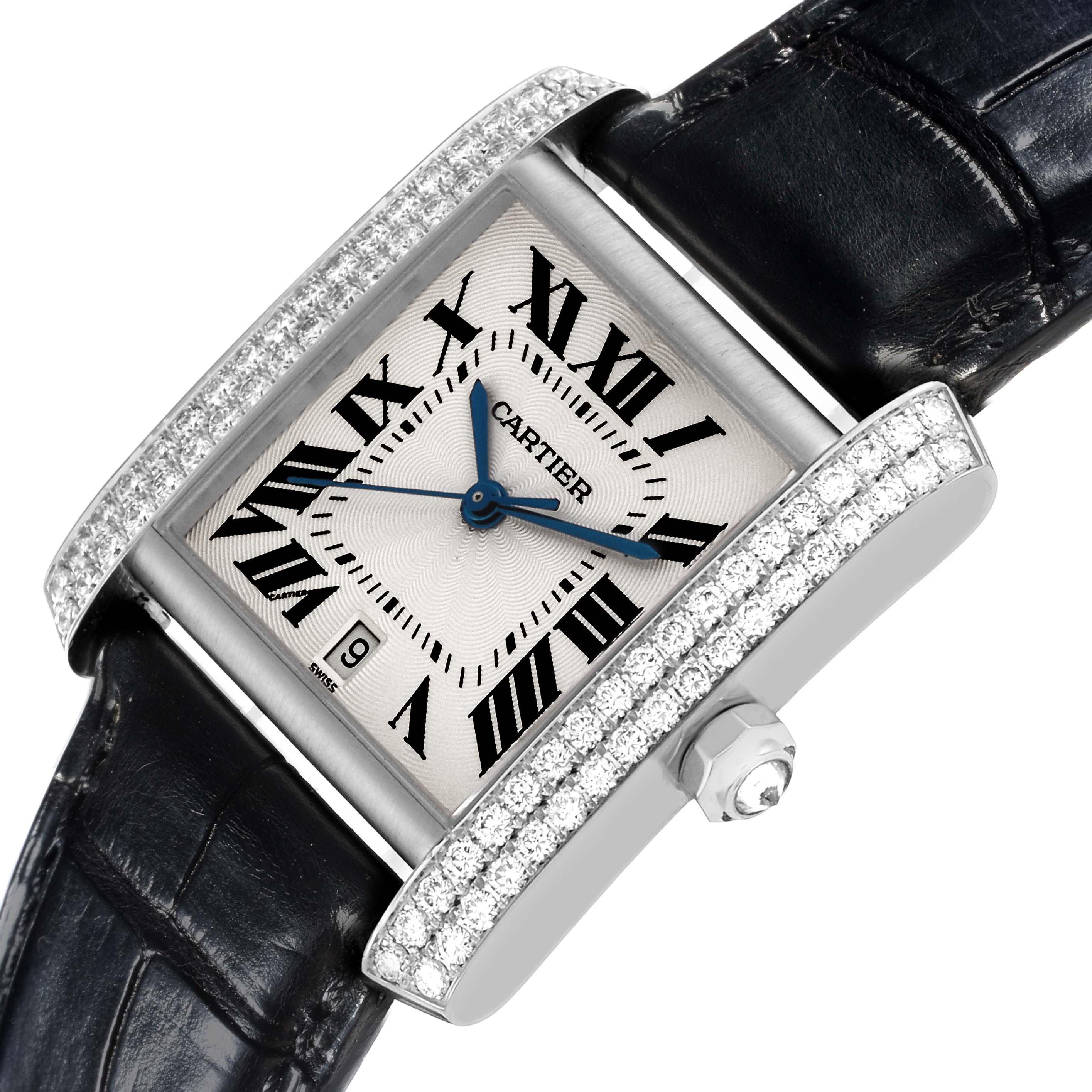 The Cartier Tank Française model is shown at an angle highlighting the diamond-studded bezel, dial, and crown.
