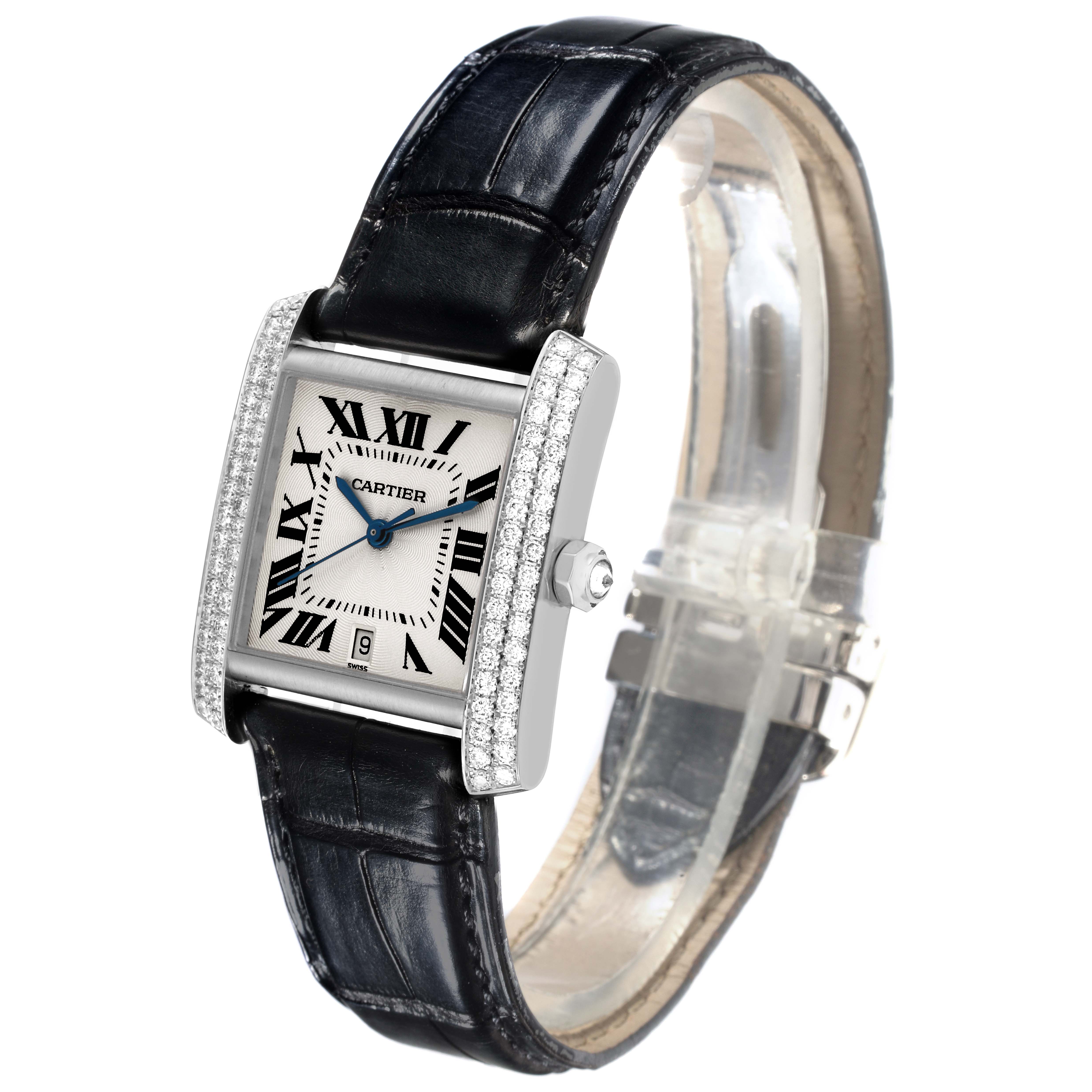 The Cartier Tank Francaise WE1003S3 Men's White Gold Silver Dial WE1003S3 Men's White Gold Silver Dial watch is shown at a slight angle, highlighting the face, case with diamonds, and black leather strap.