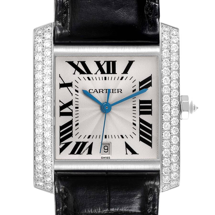 The image displays a frontal view of the Cartier Tank Française watch, highlighting its square dial, Roman numerals, and diamond accents.