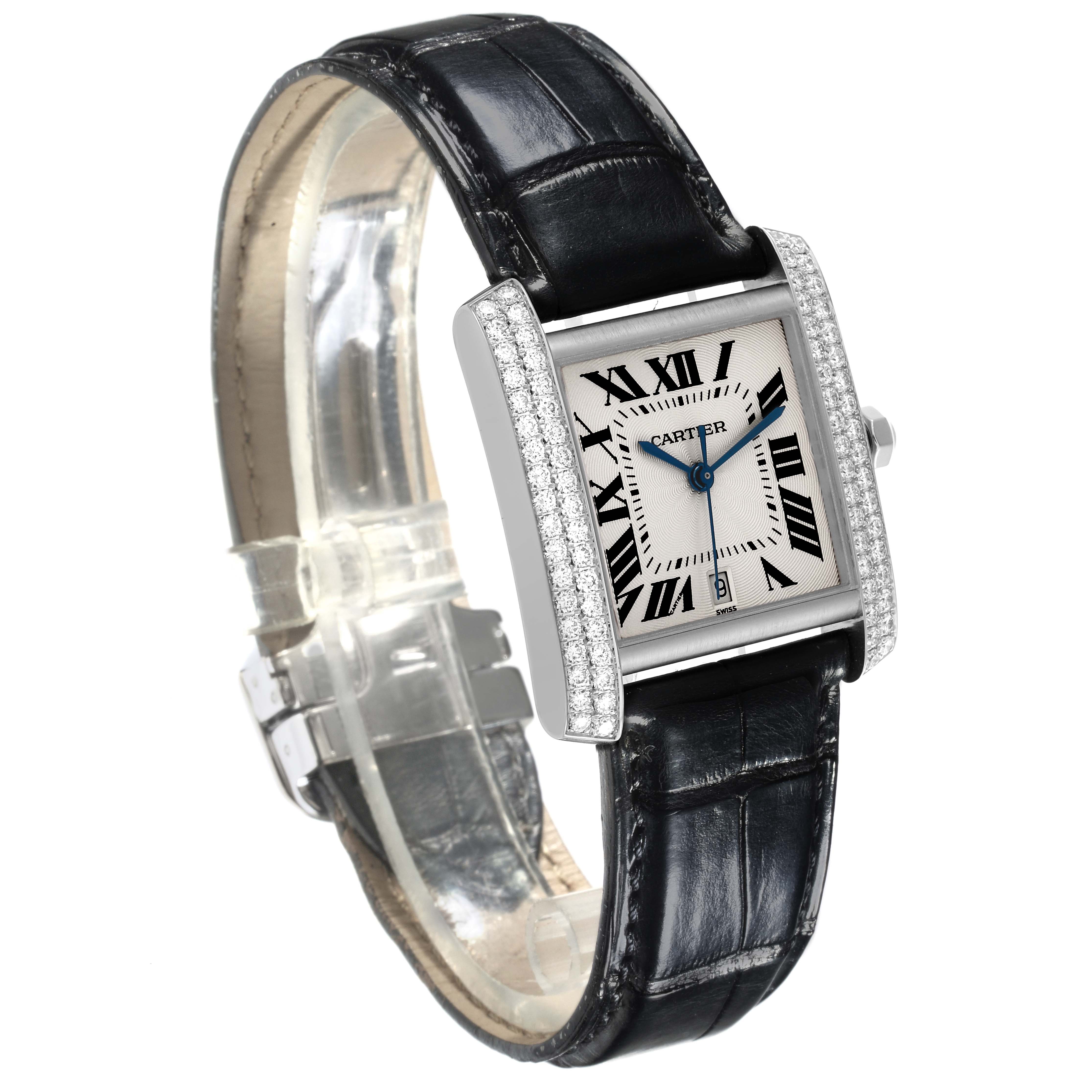 The Cartier Tank Francaise WE1003S3 Men's White Gold Silver Dial WE1003S3 Men's White Gold Silver Dial watch is shown at an angled view highlighting the face, diamond-set bezel, and black leather strap.