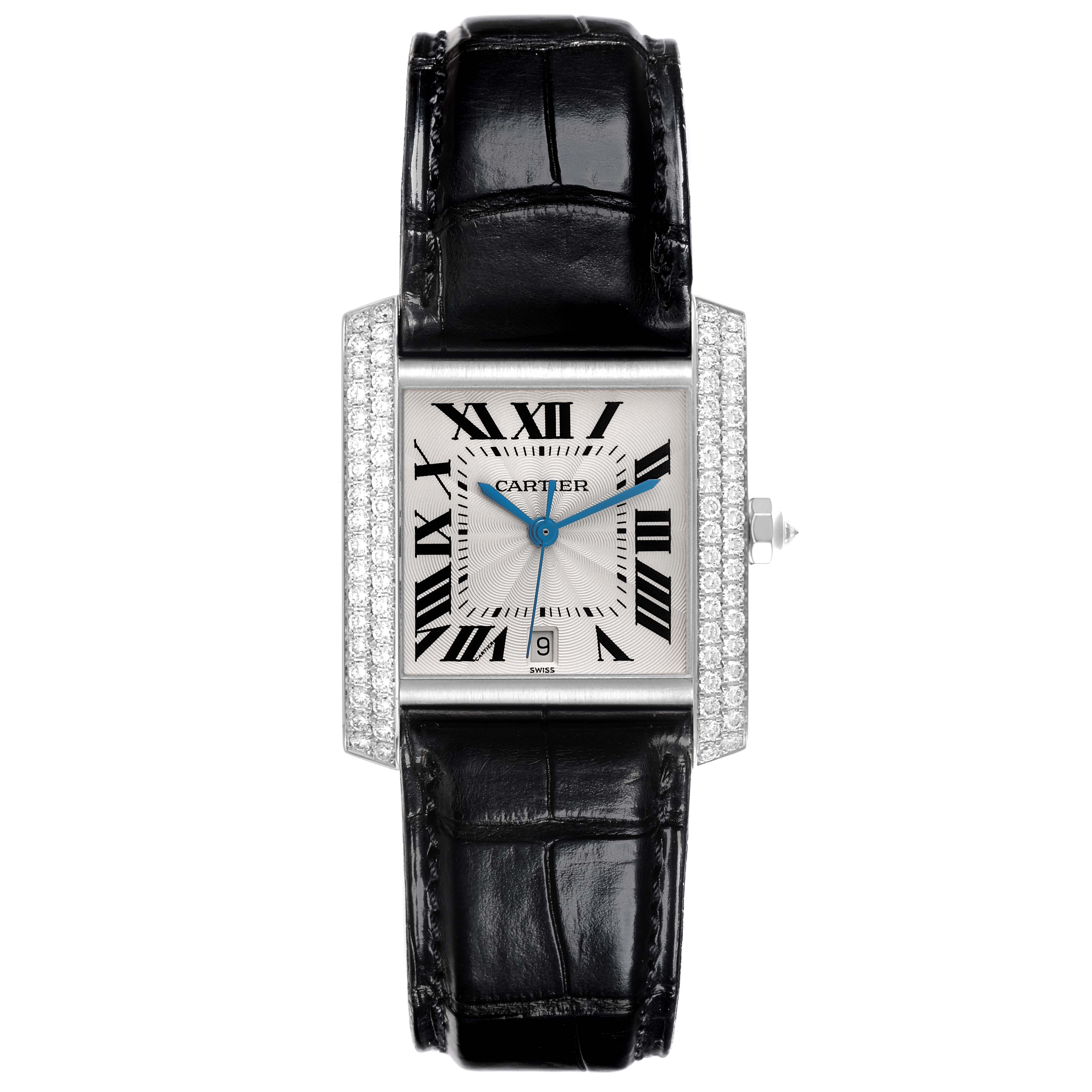 The Cartier Tank Francaise WE1003S3 Men's White Gold Silver Dial WE1003S3 Men's White Gold Silver Dial watch is shown from a front angle, highlighting its face, Roman numerals, blue hands, diamond bezel, and black leather strap.