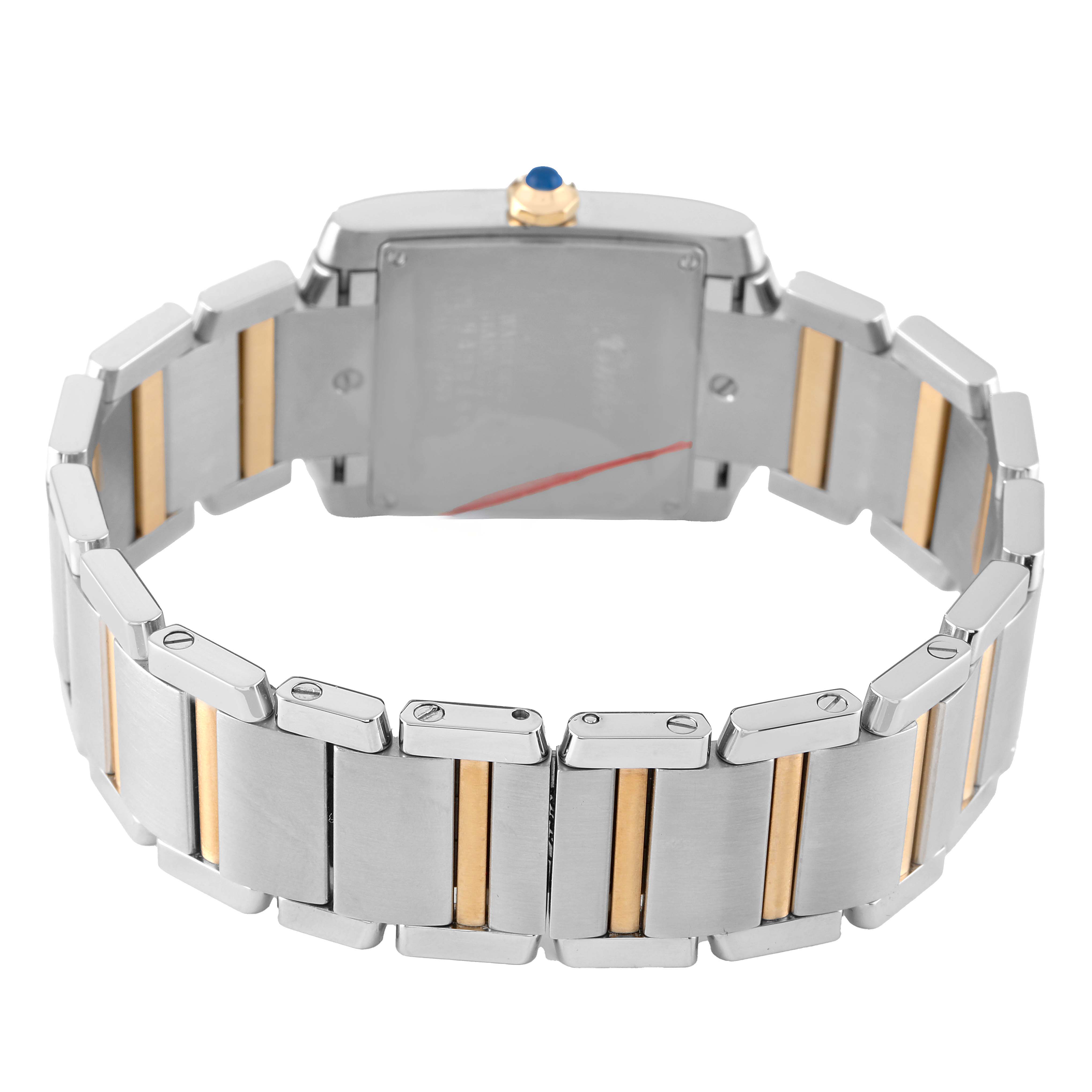 The image shows a rear angle of a Cartier Tank Française watch, highlighting its metal bracelet and closed case back.
