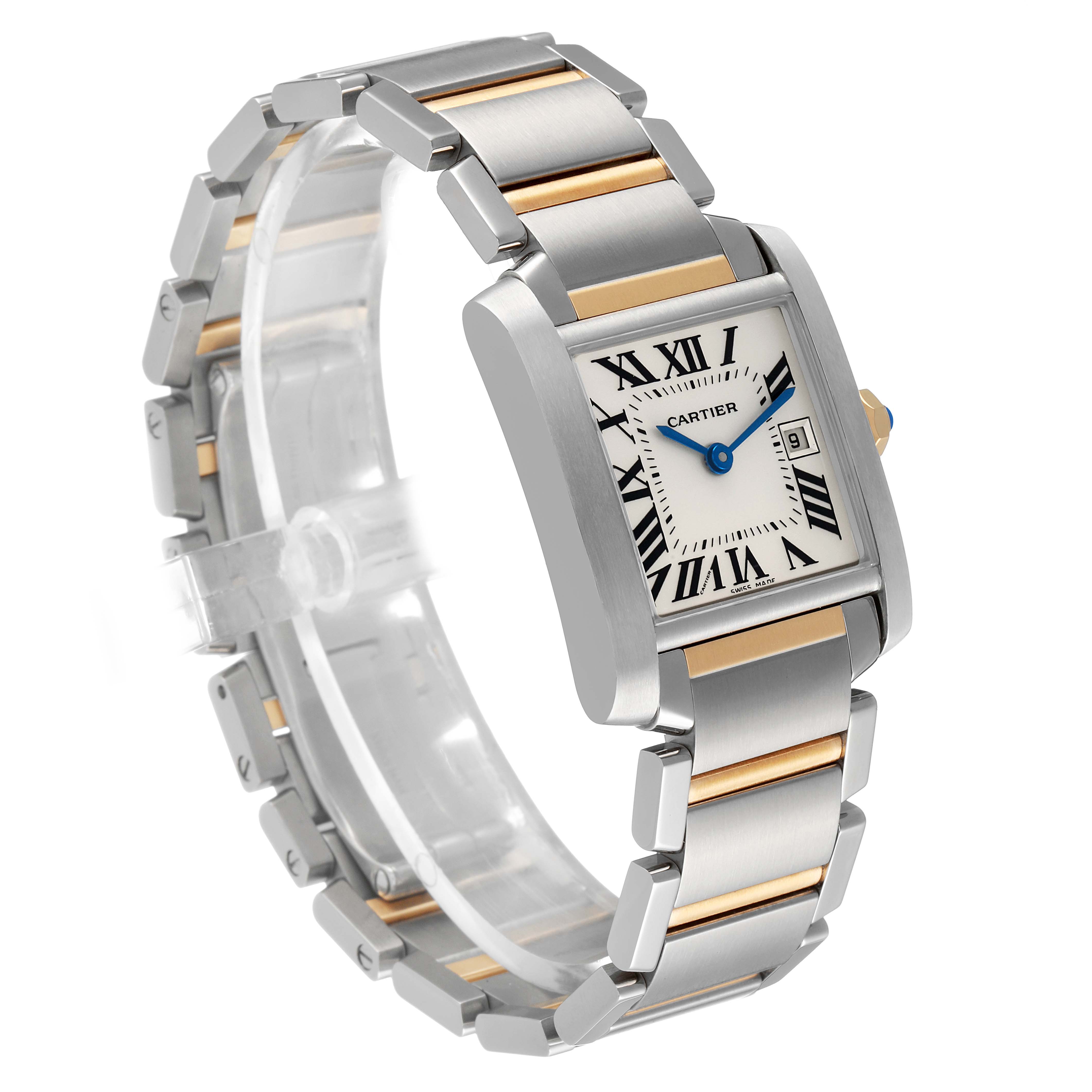 The Cartier Tank Française watch is shown at a three-quarter angle, highlighting its two-tone bracelet and rectangular face.