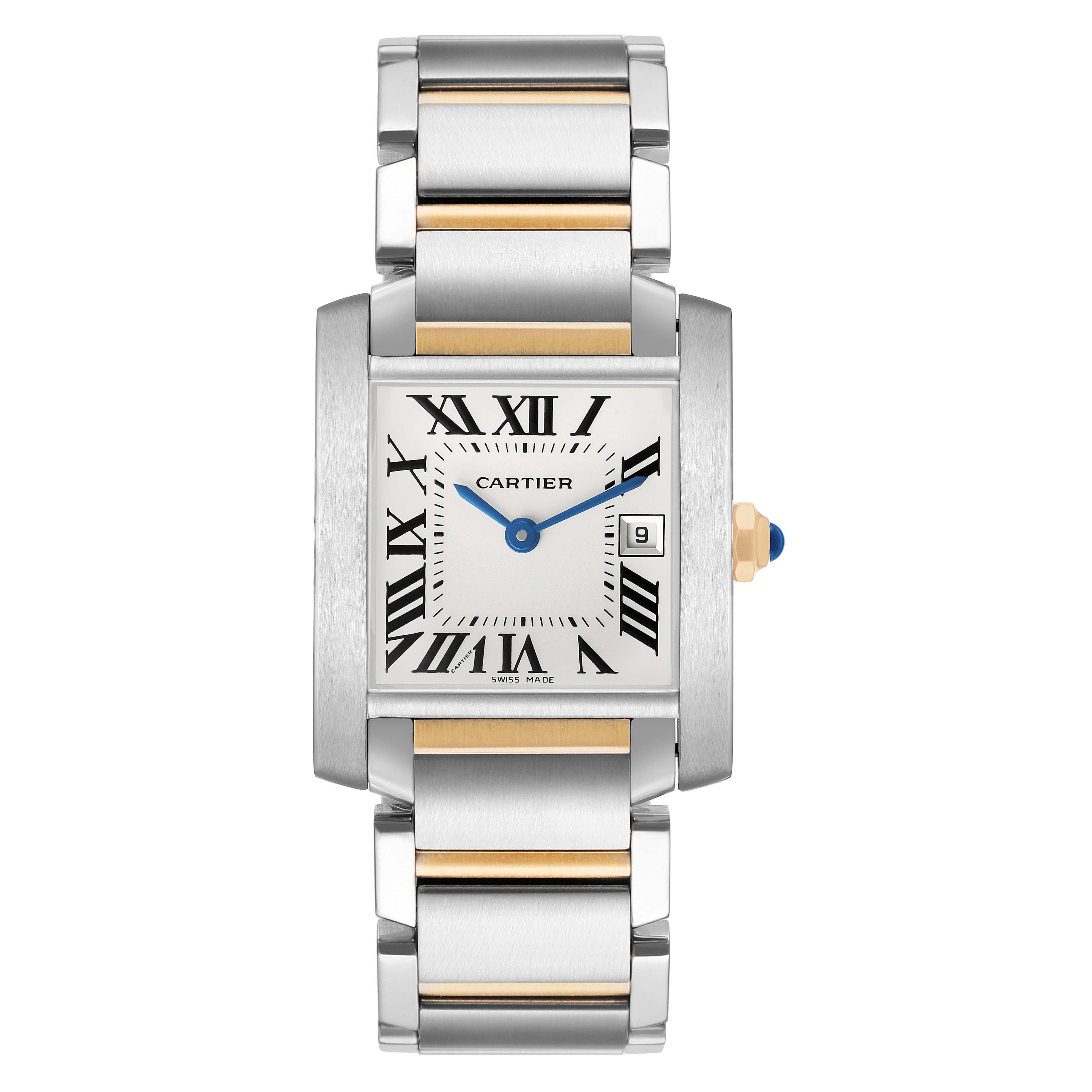 The Cartier Tank Francaise W51012Q4 Women's Steel and Gold (two tone) Silver Dial watch is shown from a front angle, highlighting the face, Roman numerals, and two-tone bracelet.
