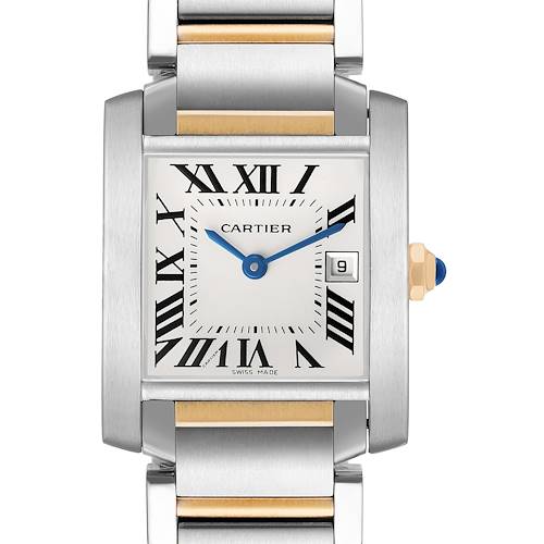 The image shows a frontal view of the Cartier Tank Française watch, highlighting its face, bracelet, and crown.