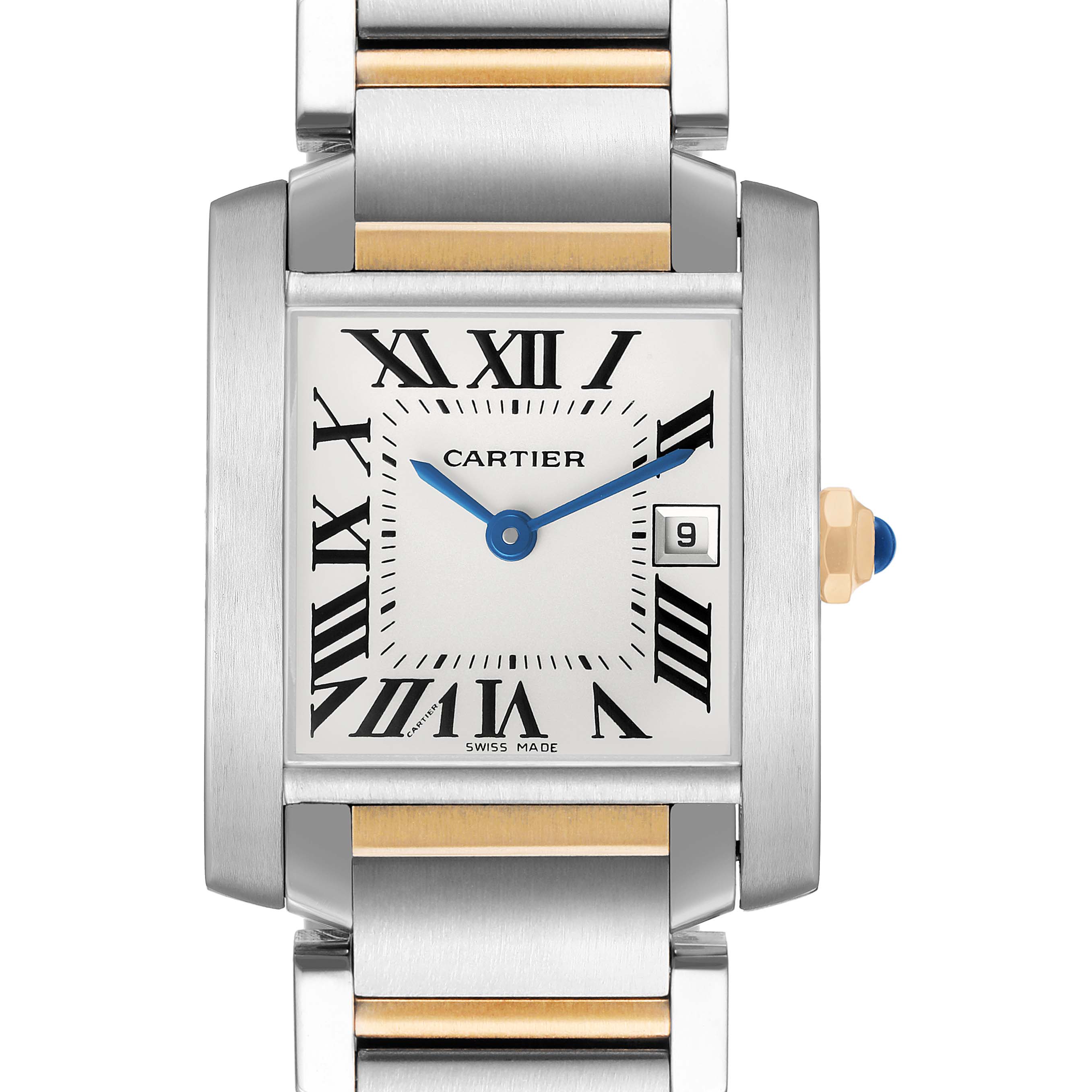 The Cartier Tank Française watch is shown from a front angle, highlighting the face, bezel, and part of the band.