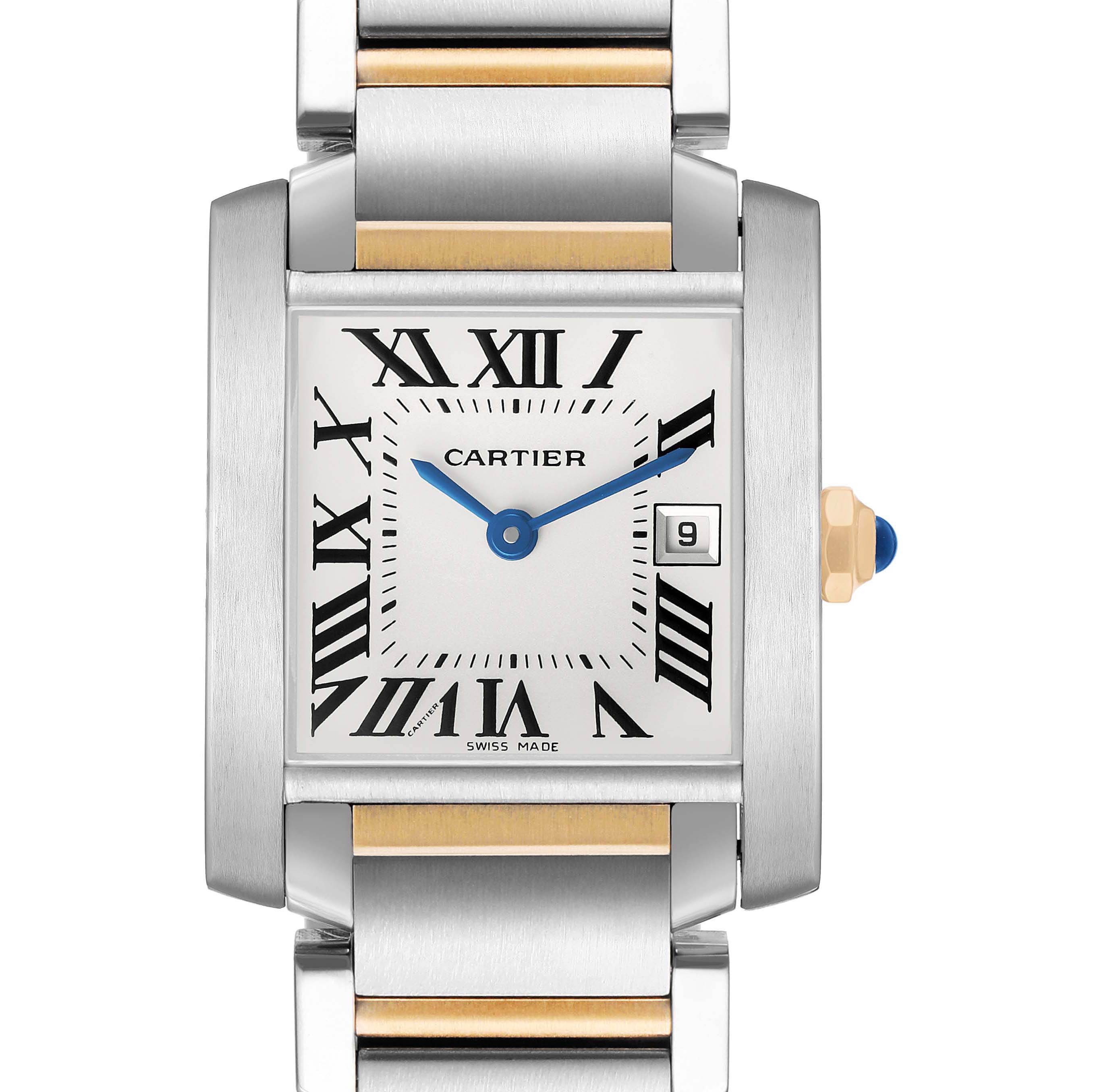 The Cartier Tank Française watch is shown from a straight-on angle, highlighting its square face, Roman numerals, and bracelet.
