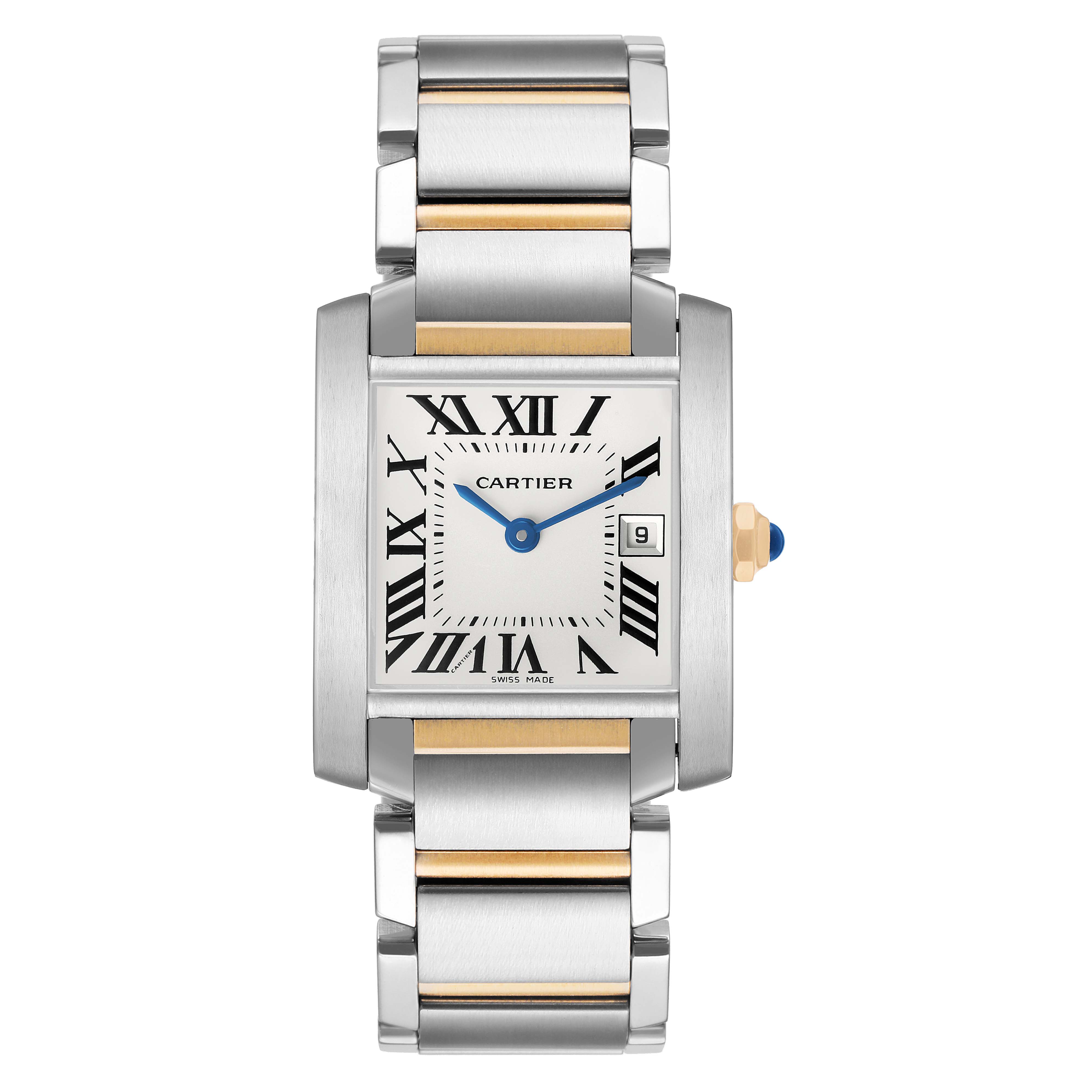 The Cartier Tank Francaise W51012Q4 Women's Steel and Gold (two tone) Silver Dial watch is shown from the front, highlighting its rectangular case, bracelet, dial, and crown.