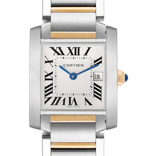 The Cartier Tank Francaise W51012Q4 Women's Steel and Gold (two tone) Silver Dial watch is shown from a frontal angle, highlighting the dial, crown, and partial bracelet.