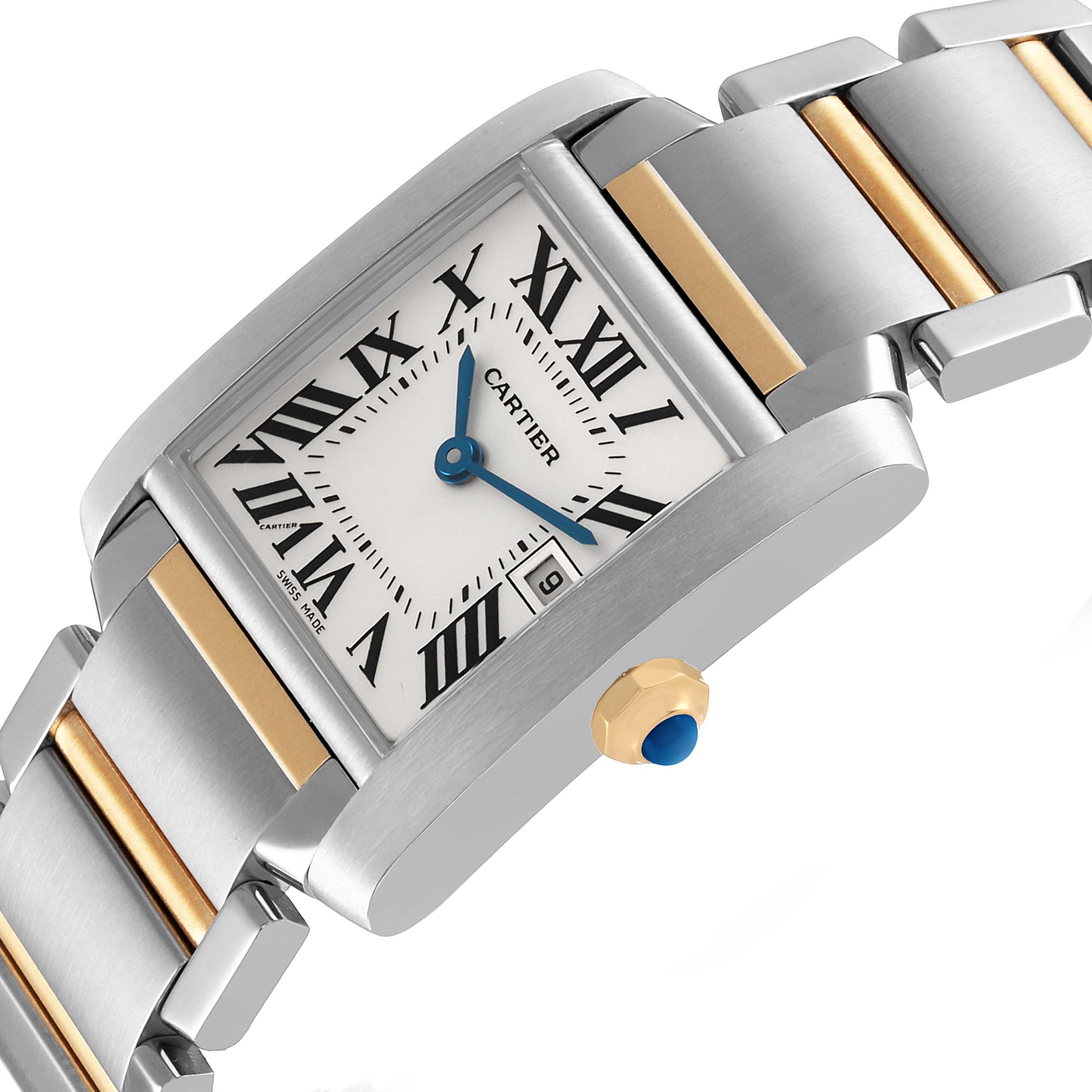 The Cartier Tank Francaise W51012Q4 Women's Steel and Gold (two tone) Silver Dial watch is shown at an angled view, highlighting its rectangular face, Roman numerals, gold accents, and bracelet.