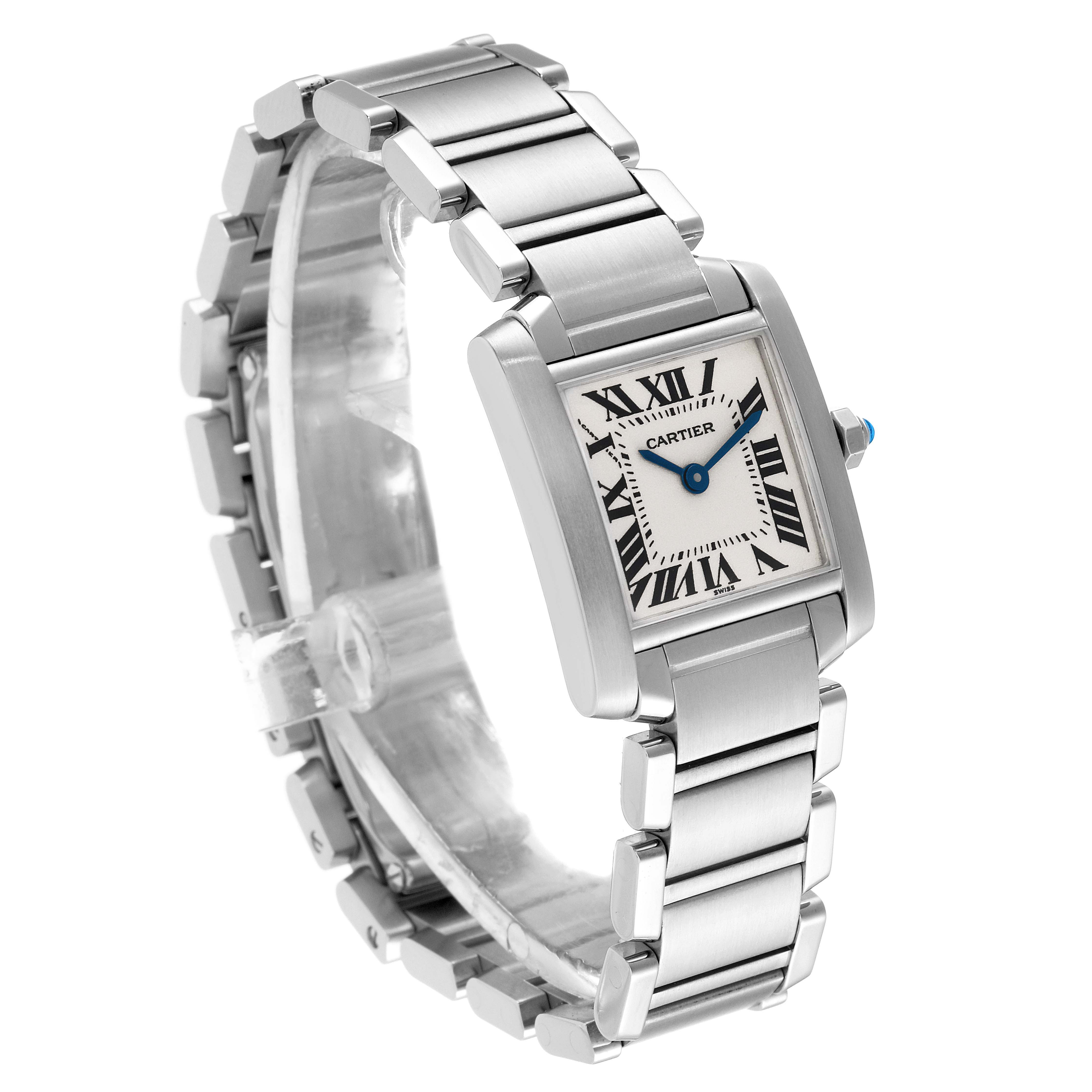The image shows a Cartier Tank Francaise W51008Q3 Women's Stainless Steel Silver Dial W51008Q3 Women's Stainless Steel Silver Dial watch at a three-quarter angle, highlighting the face, case, and bracelet.
