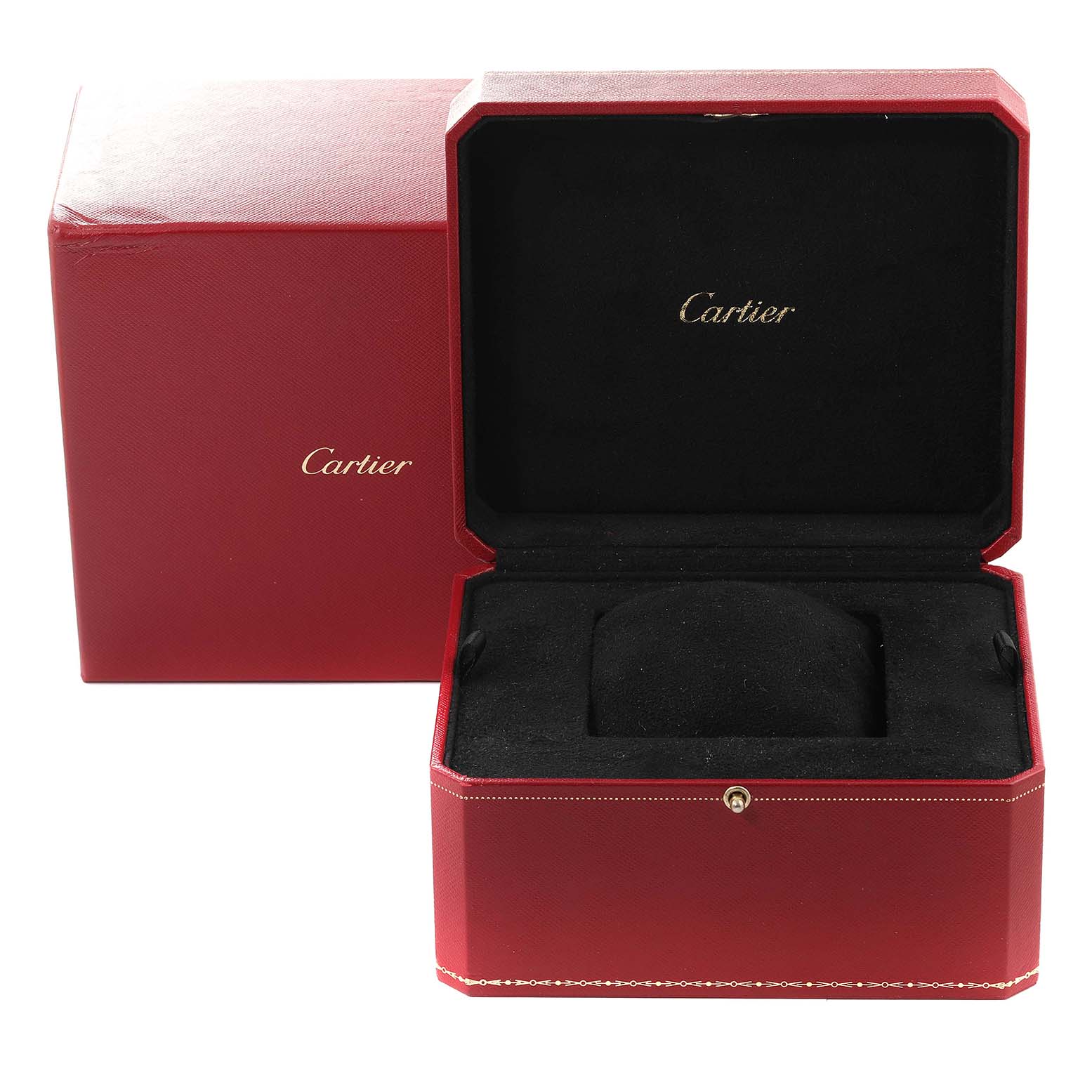 This image shows the open red and black box for a Cartier Tank Francaise W51008Q3 Women's Stainless Steel Silver Dial W51008Q3 Women's Stainless Steel Silver Dial watch, with the Cartier logo visible inside the lid.