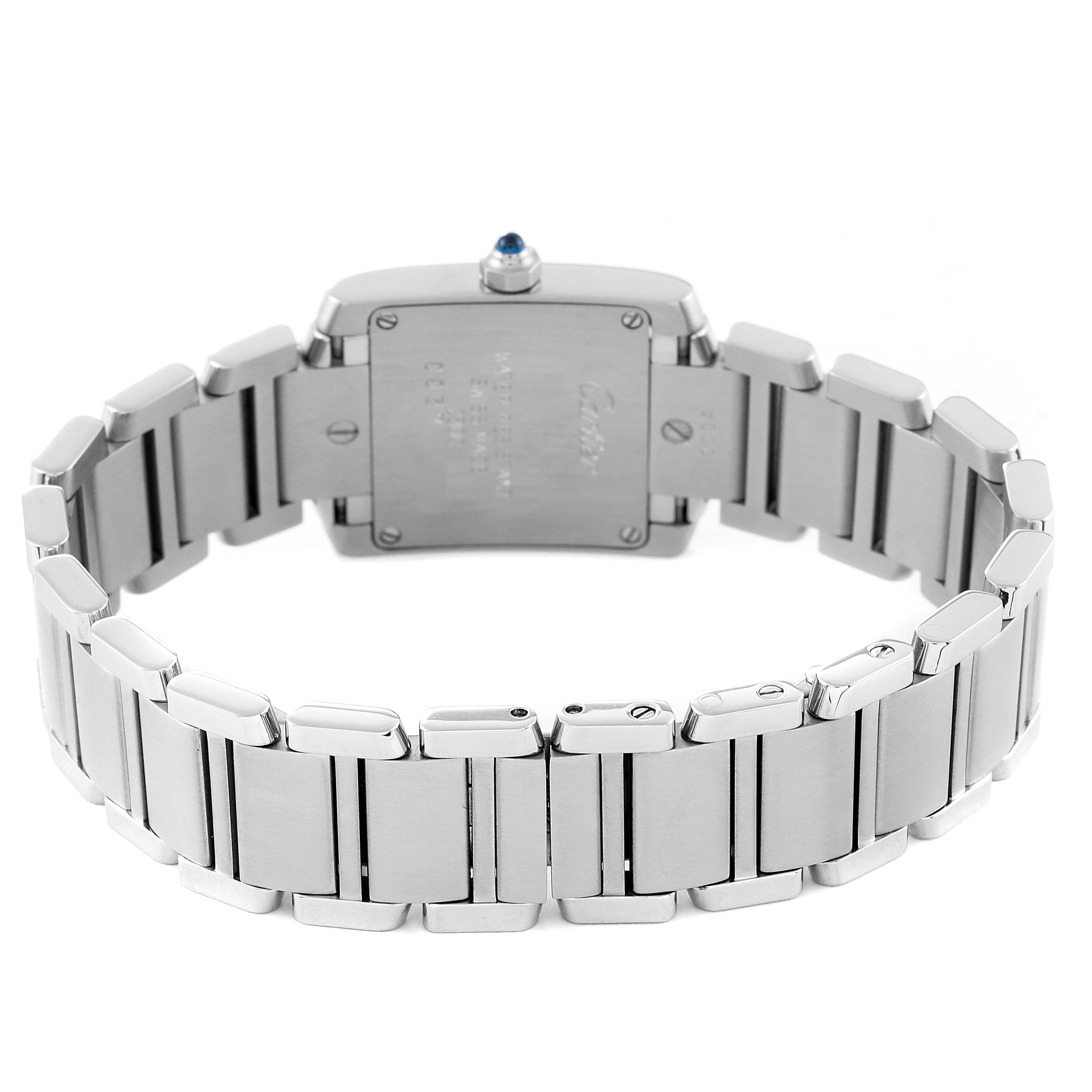 The image shows the back view of a Cartier Tank Francaise W51008Q3 Women's Stainless Steel Silver Dial W51008Q3 Women's Stainless Steel Silver Dial watch, highlighting its metal bracelet and caseback.