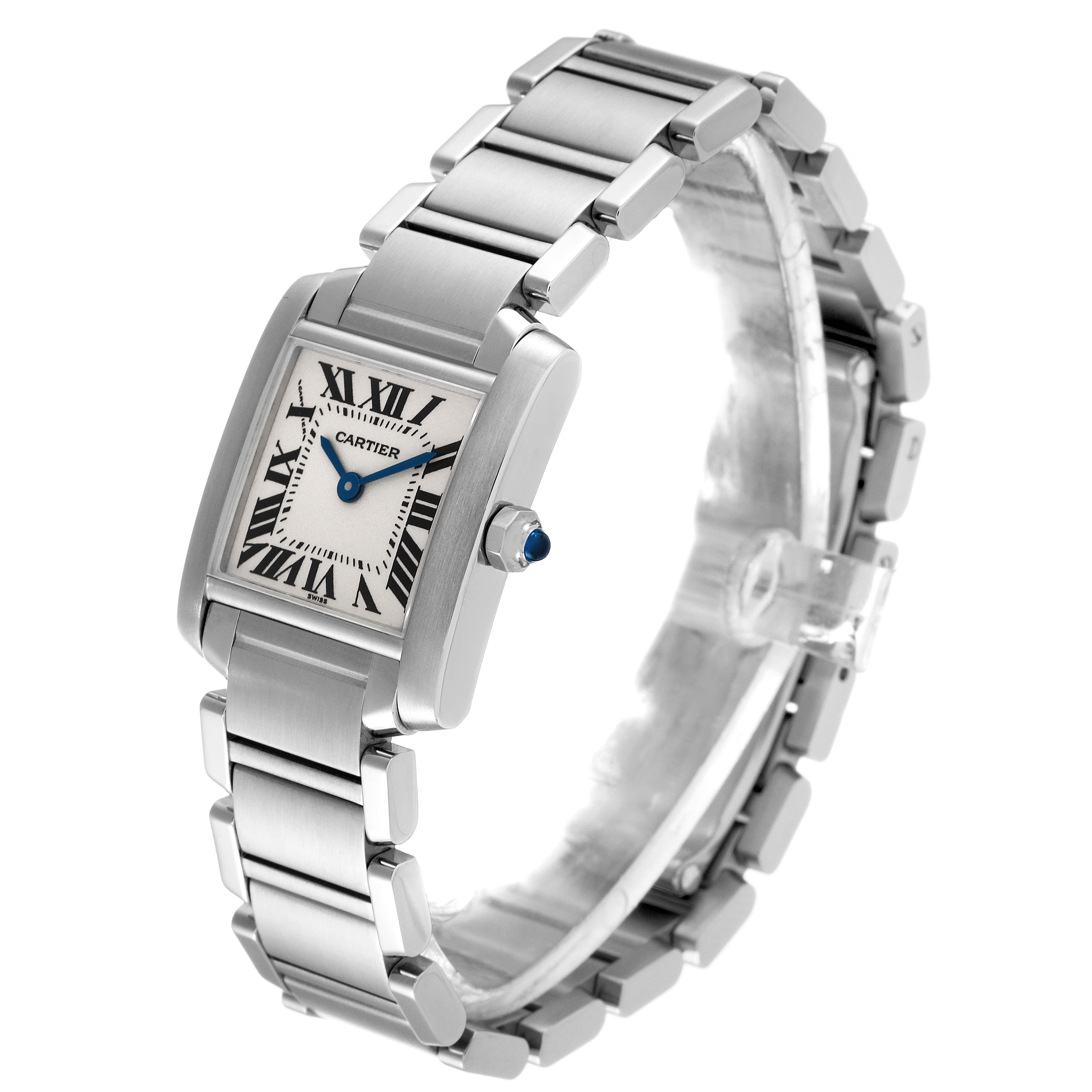 The image shows a Tank Francaise watch by Cartier from a top-side angle, highlighting the face, blue hands, bracelet, and crown.