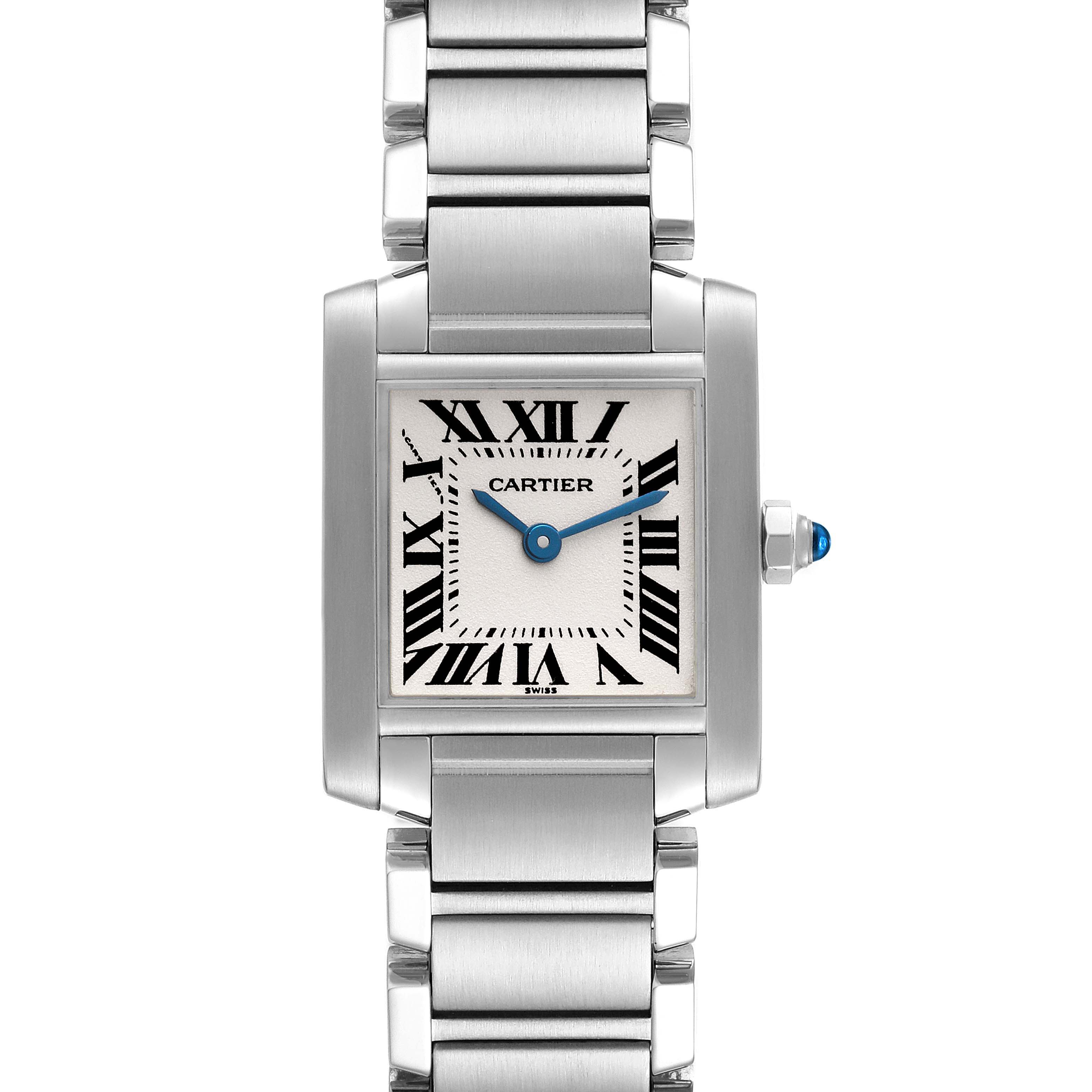 The Cartier Tank Francaise W51008Q3 Women's Stainless Steel Silver Dial W51008Q3 Women's Stainless Steel Silver Dial watch is shown in a frontal angle, displaying the face, Roman numerals, hands, crown, and stainless steel bracelet.