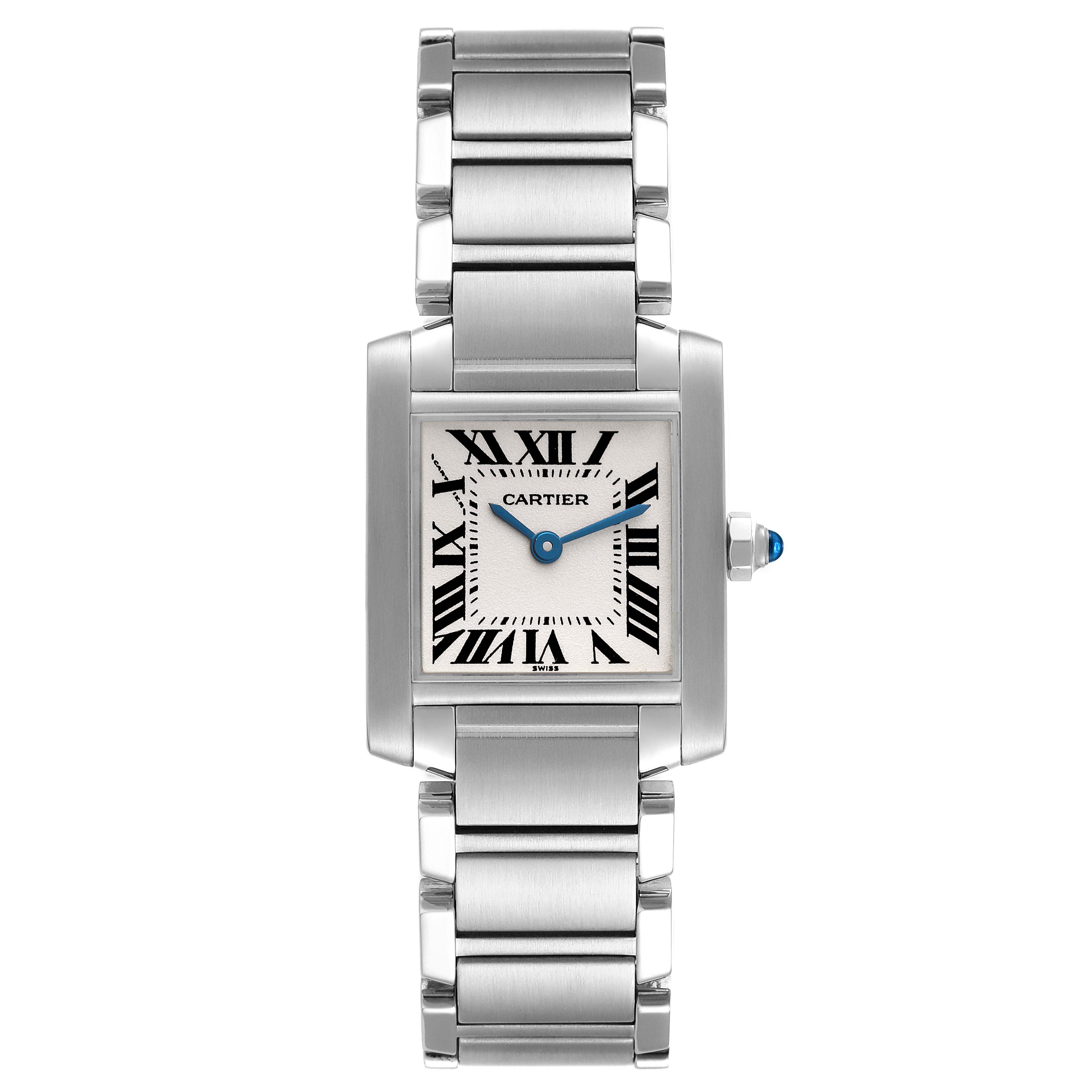 The image shows a front angle of the Cartier Tank Francaise W51008Q3 Women's Stainless Steel Silver Dial W51008Q3 Women's Stainless Steel Silver Dial watch, highlighting the rectangular face and metal bracelet.