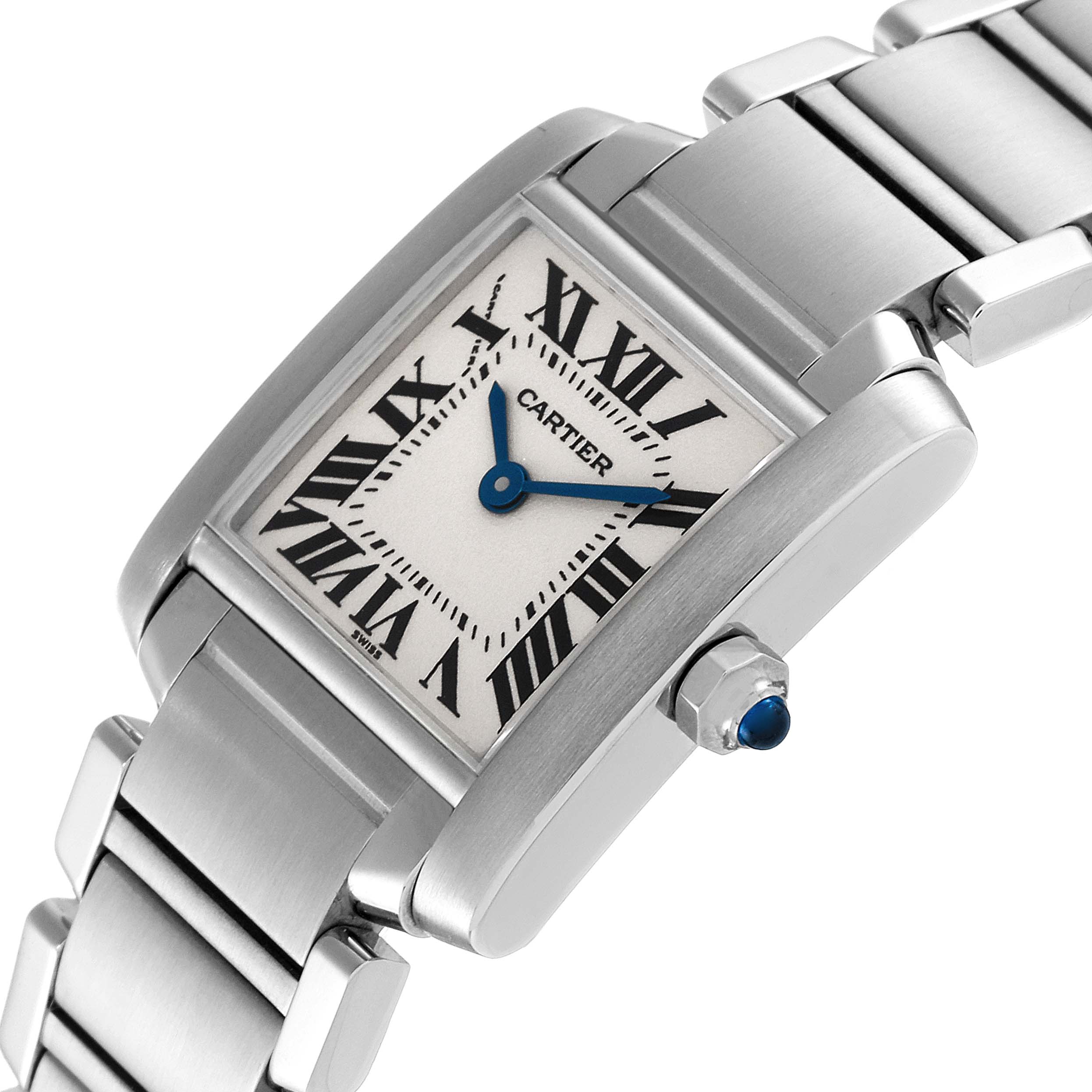 The image shows a Cartier Tank Française watch at an angle, highlighting its rectangular face, Roman numerals, and metal bracelet.