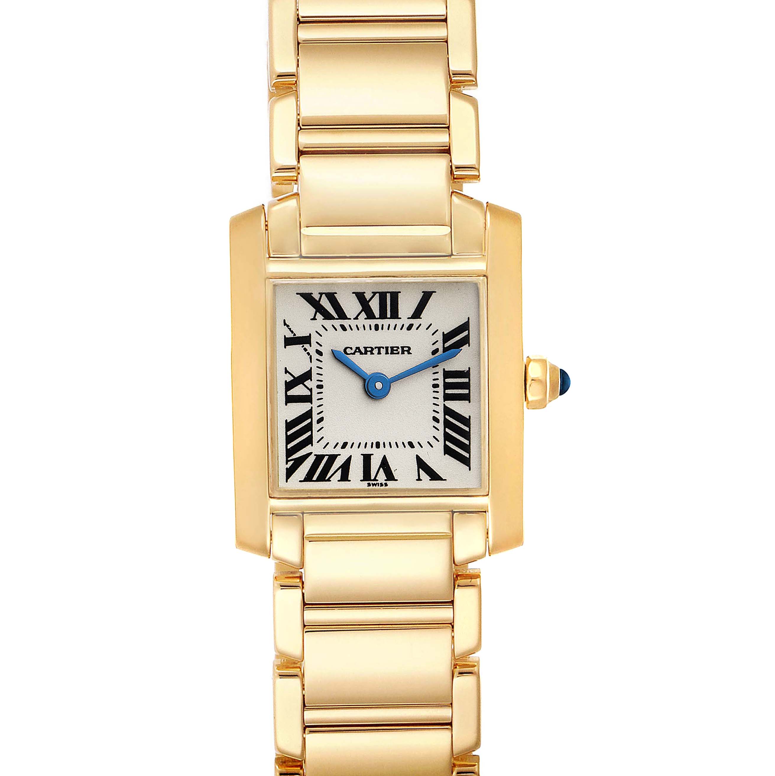 This image shows a frontal view of the Cartier Tank Francaise W50002N2 Women
s Yellow Gold Silver Dial W50002N2 Women
s Yellow Gold Silver Dial watch, highlighting its rectangular dial, Roman numerals, and metal bracelet.