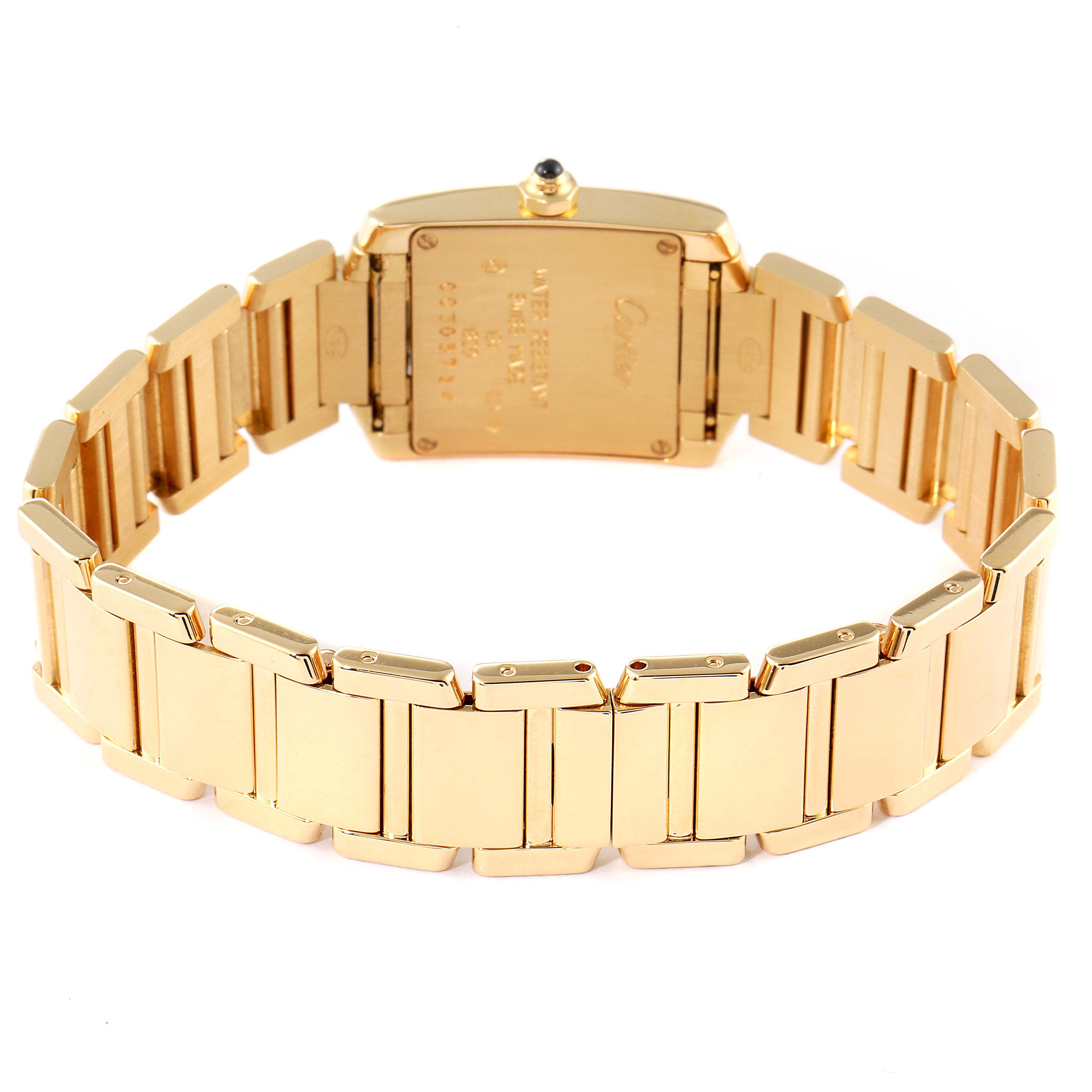 This image shows the back view of a Cartier Tank Francaise W50002N2 Women
s Yellow Gold Silver Dial W50002N2 Women
s Yellow Gold Silver Dial watch, focusing on the case back and gold bracelet.