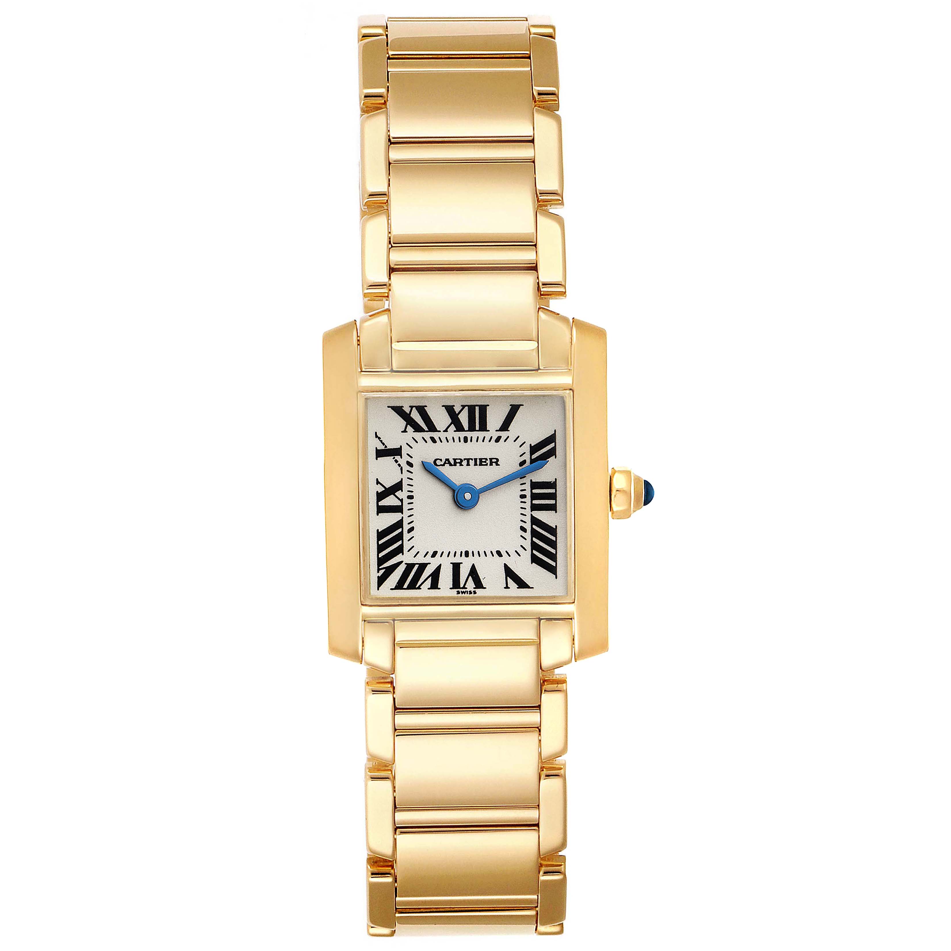 The image shows a front view of a Cartier Tank Francaise W50002N2 Women
s Yellow Gold Silver Dial W50002N2 Women
s Yellow Gold Silver Dial watch, displaying the face, case, and gold bracelet.
