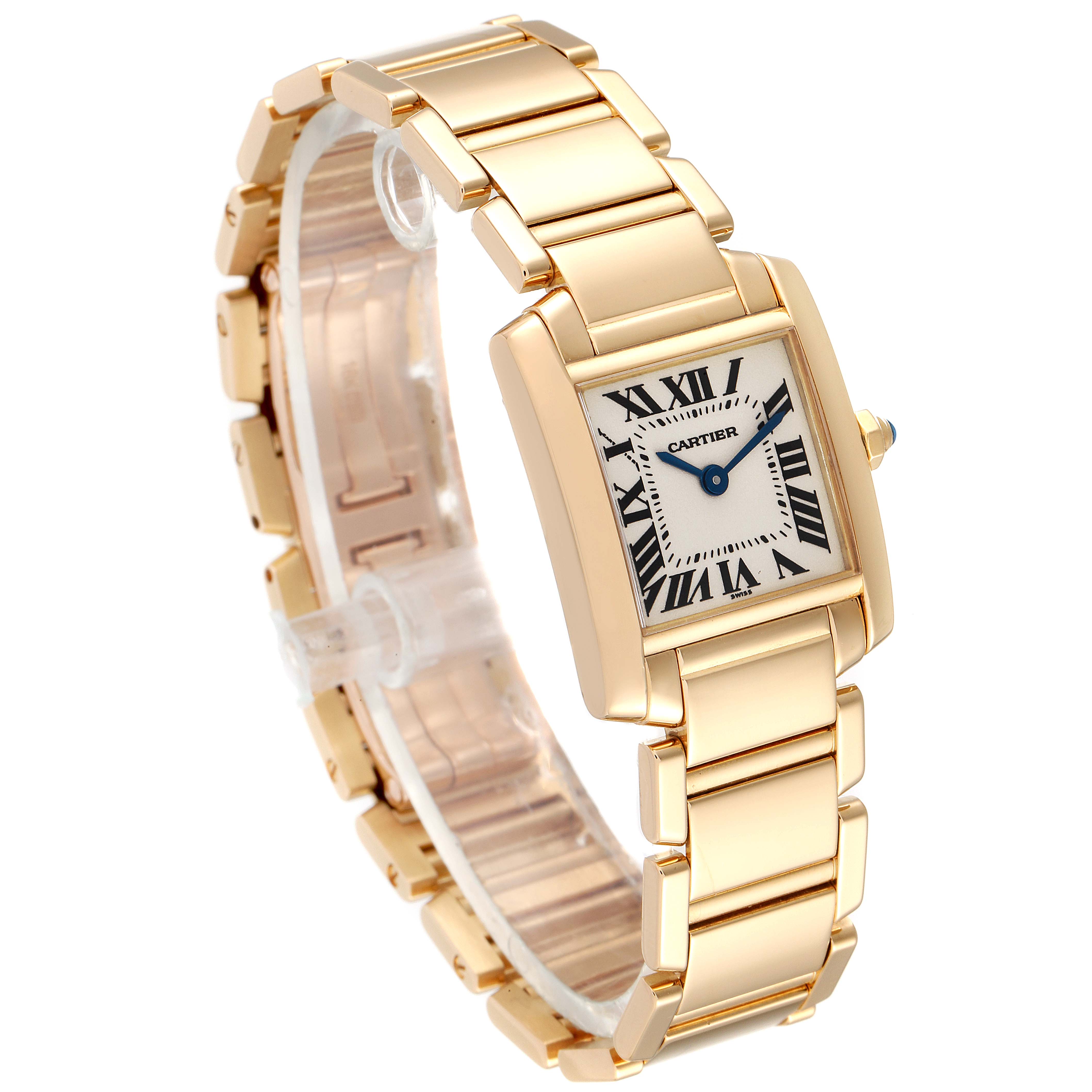 The image shows a Cartier Tank Francaise W50002N2 Women
s Yellow Gold Silver Dial W50002N2 Women
s Yellow Gold Silver Dial watch in a three-quarter angle view, highlighting its gold bracelet and rectangular dial.