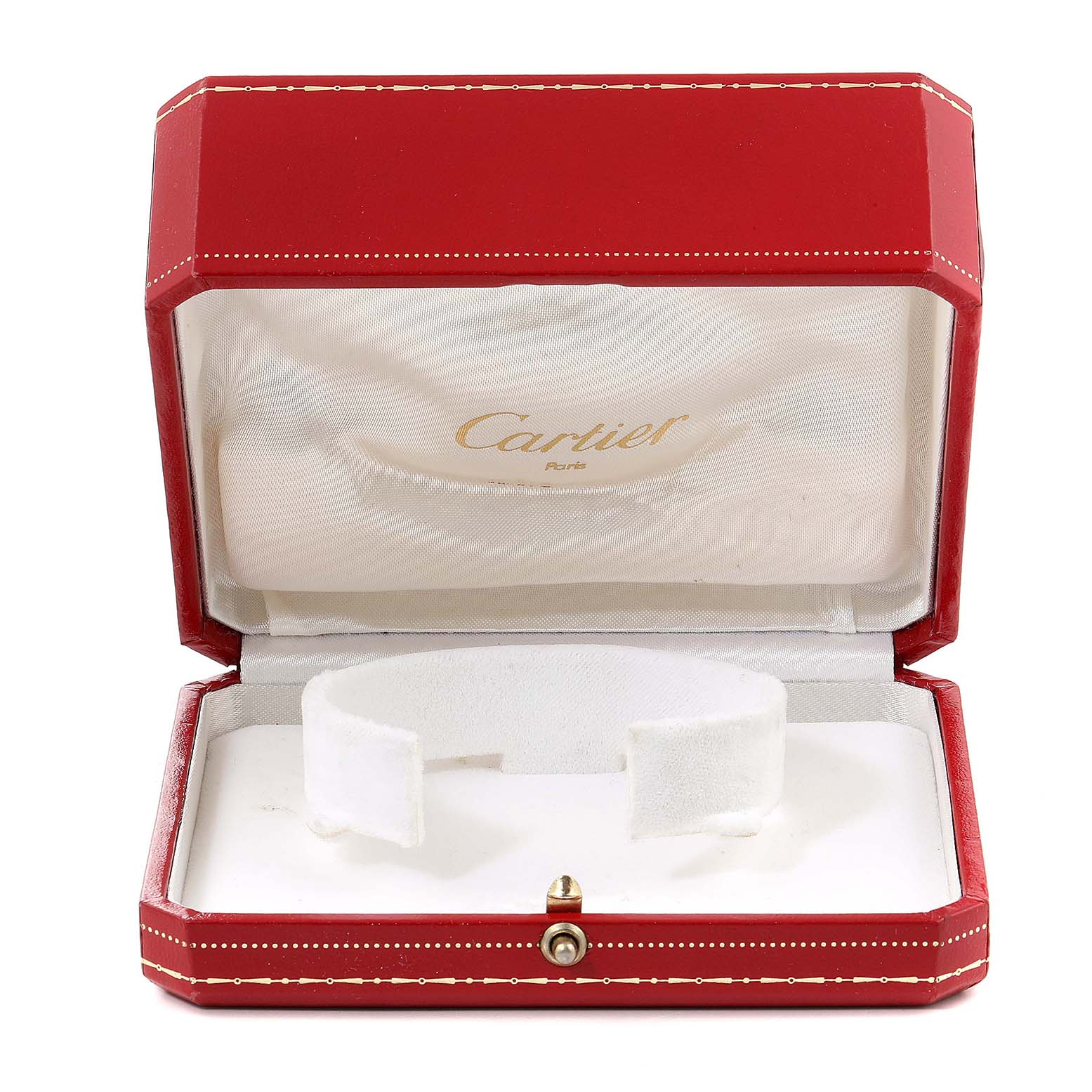 The image shows an open red Cartier watch case for the Tank Francaise model with its interior padding and holder.