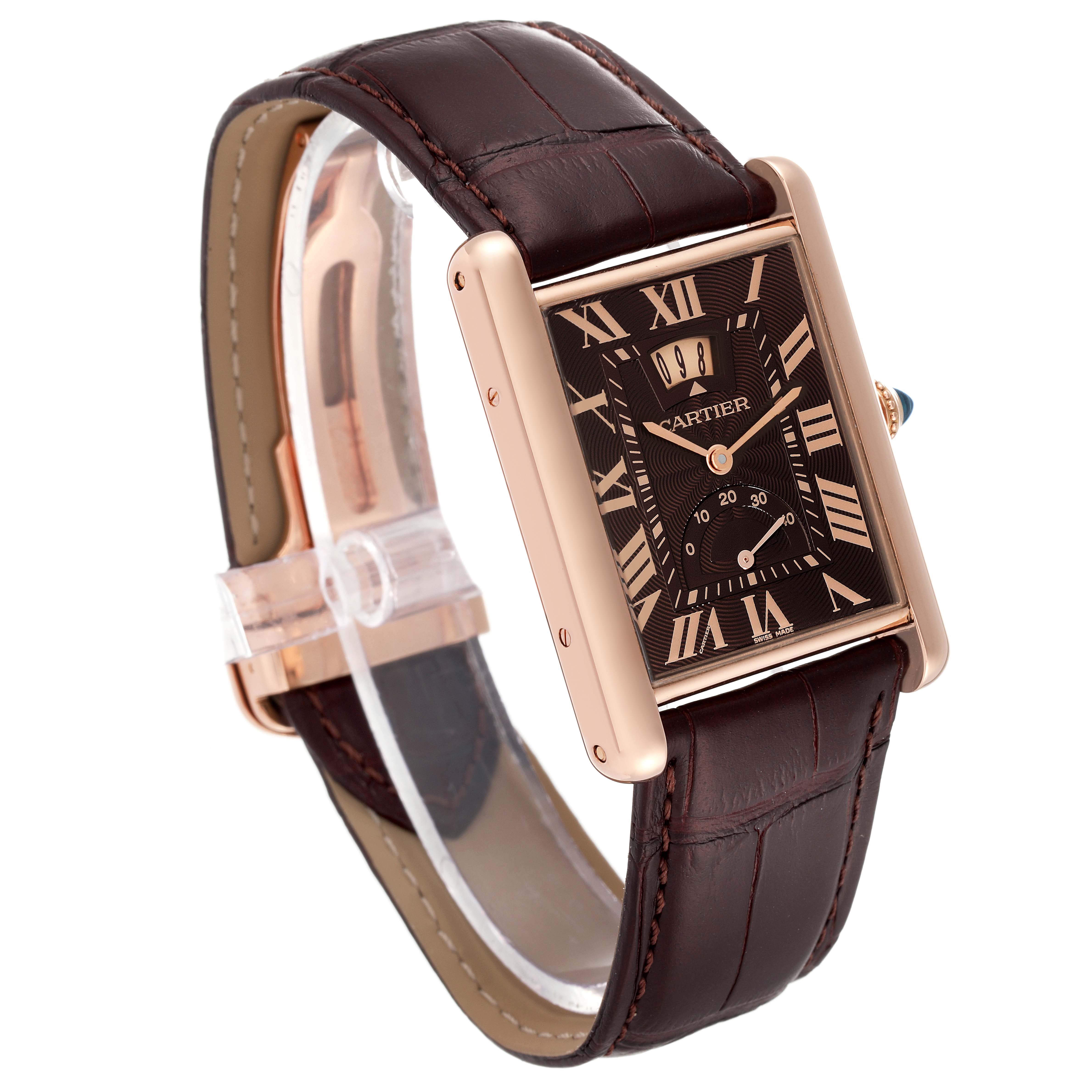 This image shows a Cartier Tank Louis W1560002 Men's Rose Gold Brown Dial W1560002 Men's Rose Gold Brown Dial model watch angled slightly from the front, highlighting the face, bezel, and leather strap.
