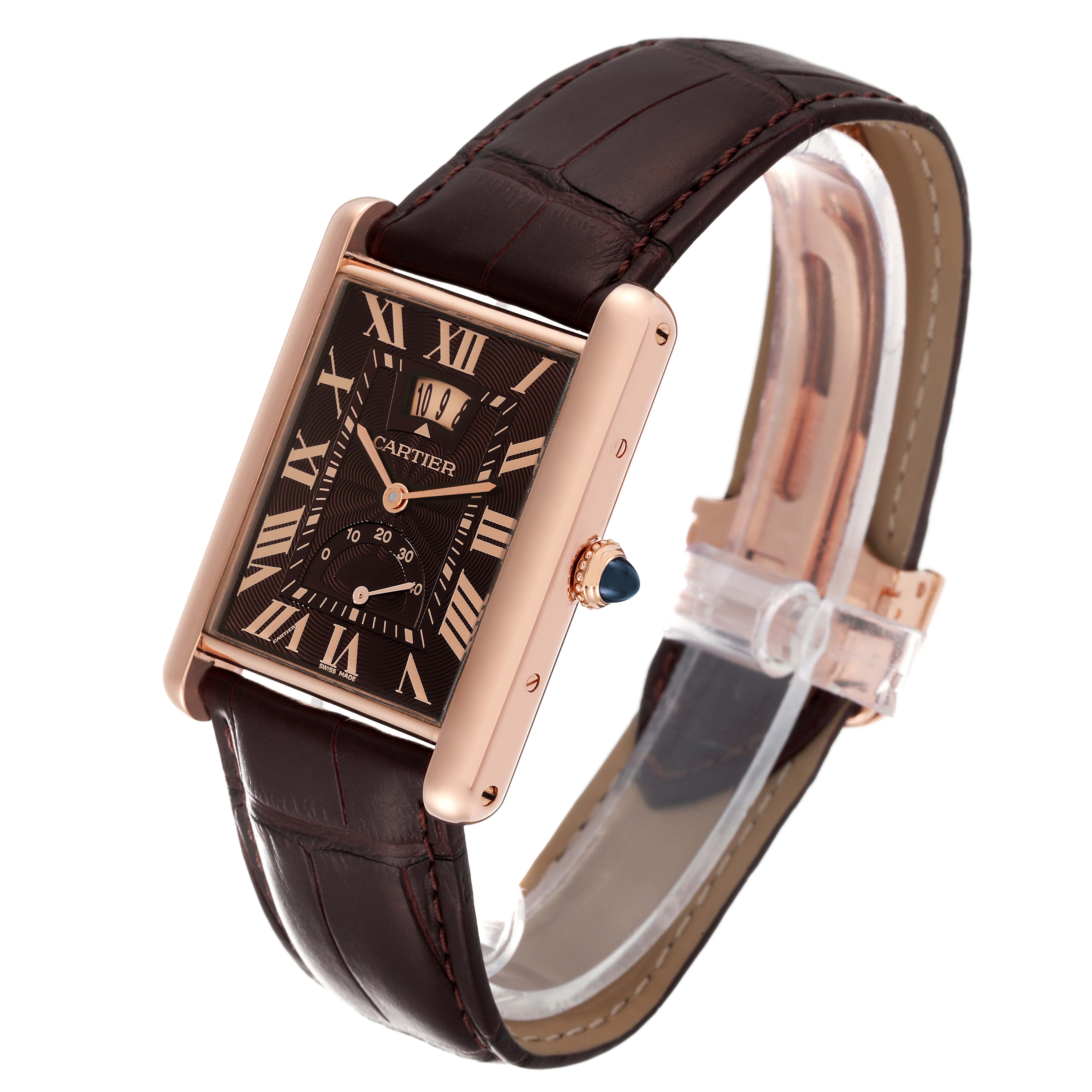 This image shows a Cartier Tank Louis W1560002 Men's Rose Gold Brown Dial W1560002 Men's Rose Gold Brown Dial model watch at a three-quarter angle, highlighting its face, band, and crown.