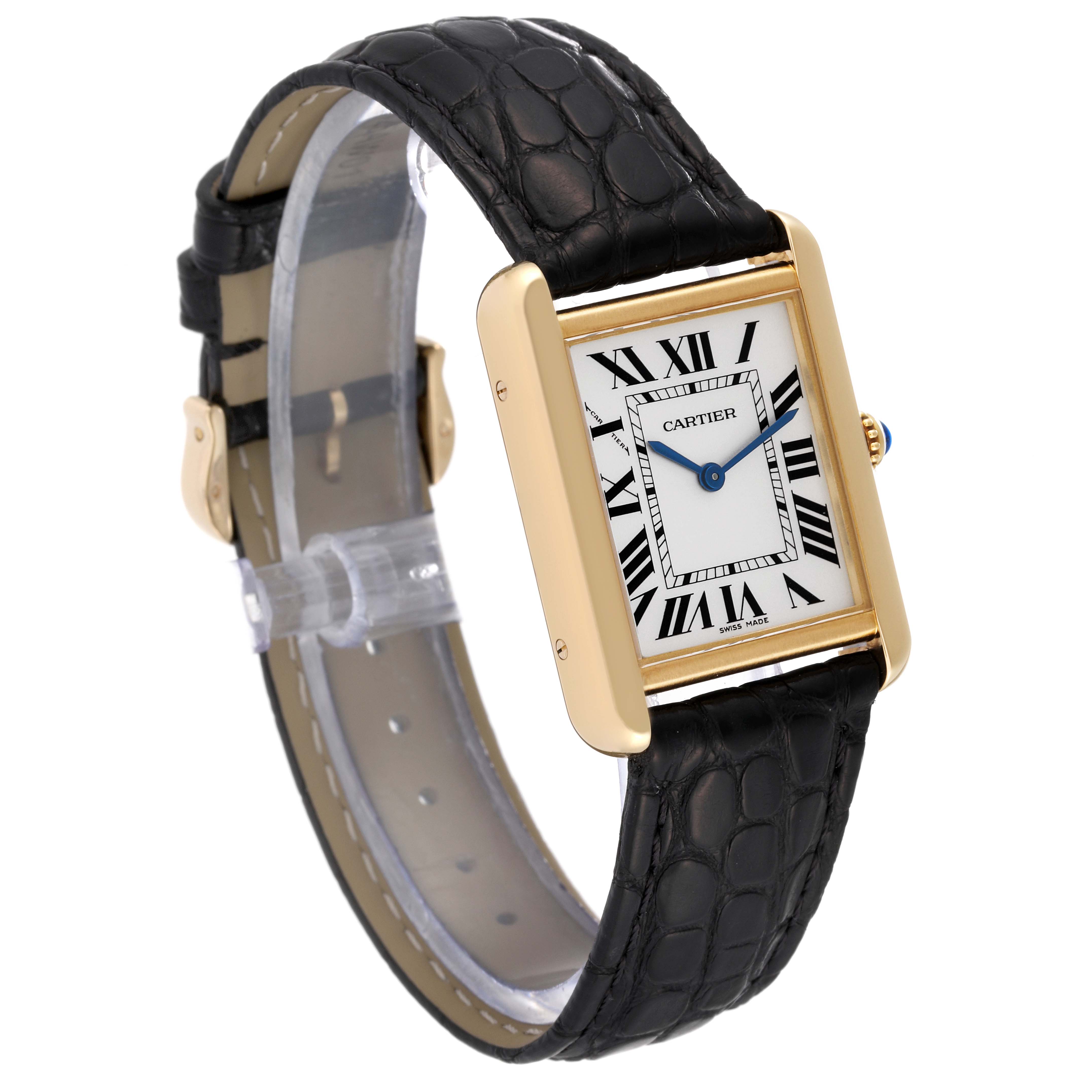 The image shows the Cartier Tank Solo W1018755 Women
s Steel and Gold (two tone) Silver Dial W1018755 Women
s Steel and Gold (two tone) Silver Dial watch at a three-quarter angle, highlighting its rectangular gold case, roman numeral dial, and black leather strap.