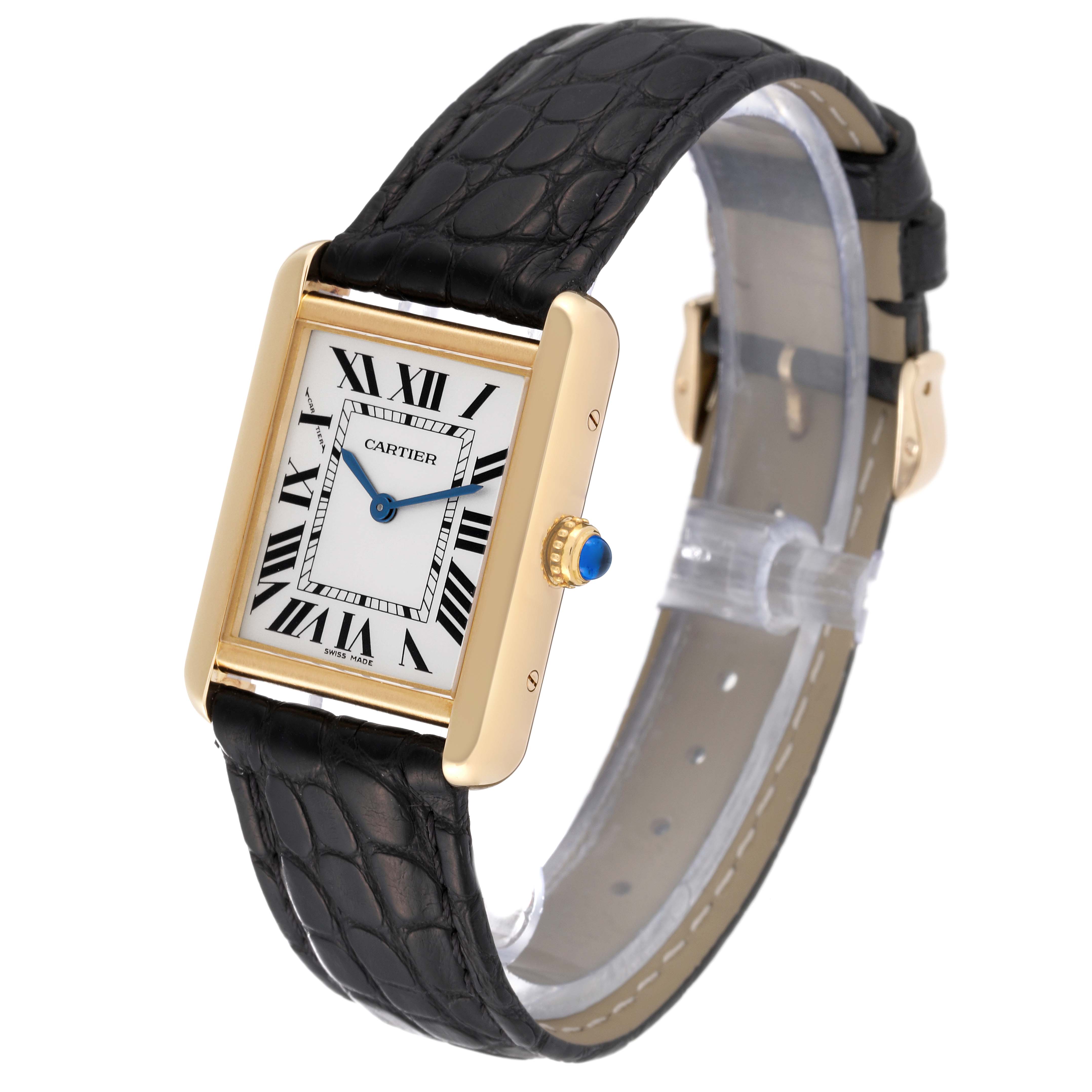 The image shows a Cartier Tank Solo W1018755 Women
s Steel and Gold (two tone) Silver Dial W1018755 Women
s Steel and Gold (two tone) Silver Dial watch at a three-quarter angle, highlighting its rectangular face, Roman numerals, black leather strap, and blue crown.
