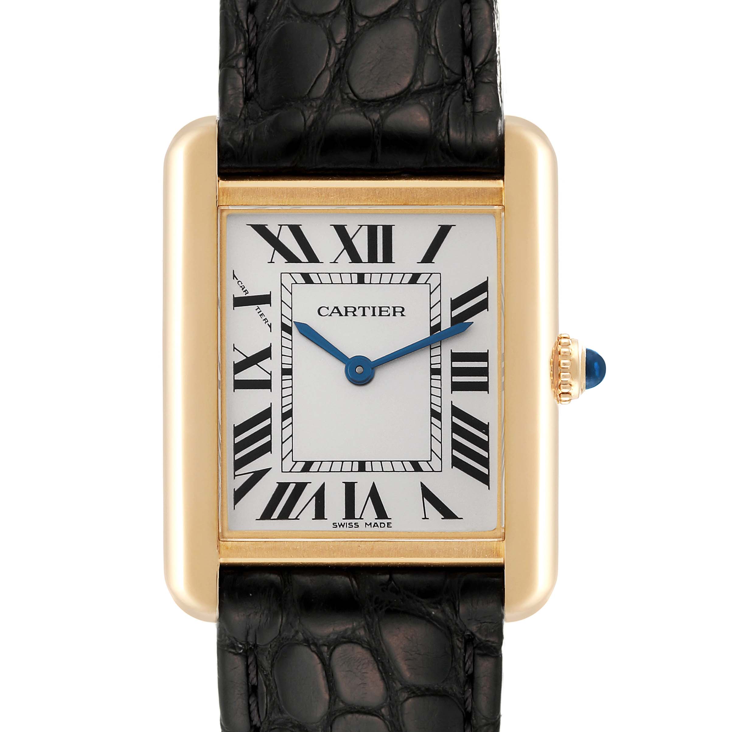 The Cartier Tank Solo W1018755 Women
s Steel and Gold (two tone) Silver Dial W1018755 Women
s Steel and Gold (two tone) Silver Dial watch is shown from a front angle, displaying its rectangular case, dial with Roman numerals, and black leather strap.