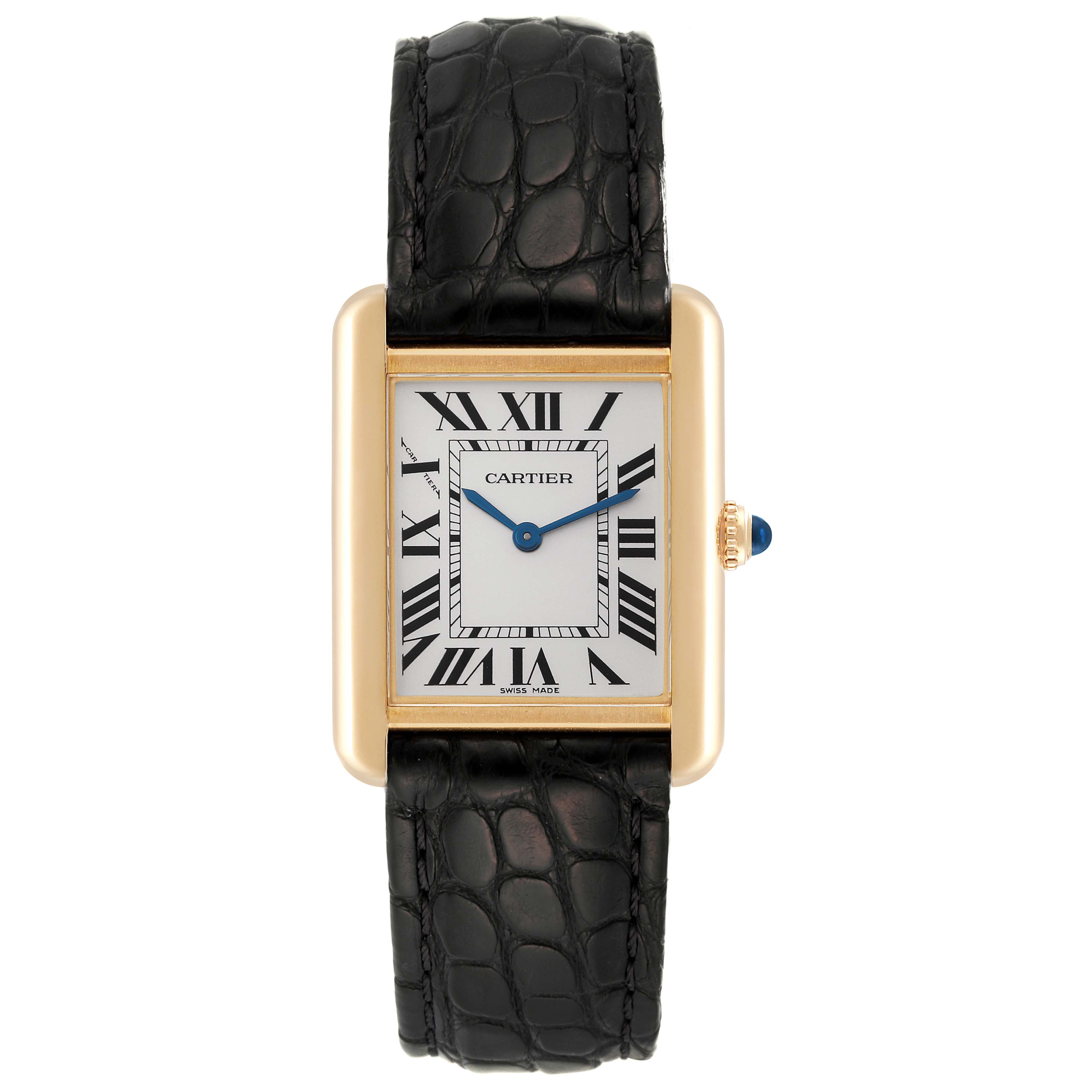 The Cartier Tank Solo W1018755 Women
s Steel and Gold (two tone) Silver Dial W1018755 Women
s Steel and Gold (two tone) Silver Dial watch is shown from the front, displaying its rectangular face, Roman numerals, and black leather strap.
