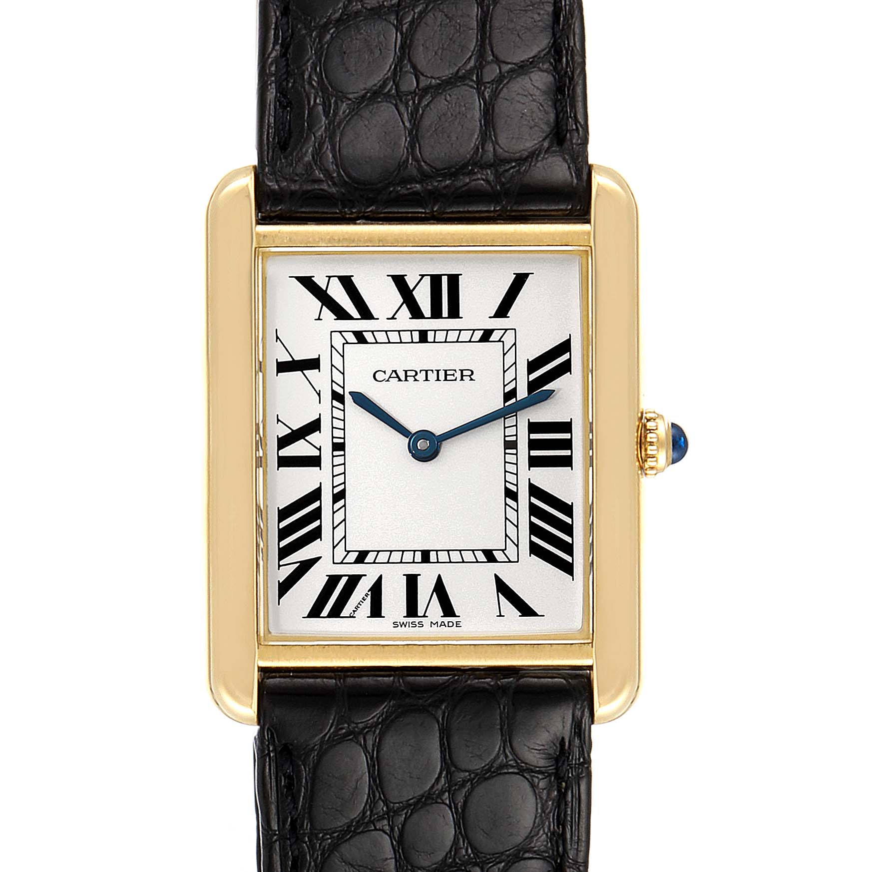 The image shows a front view of the Cartier Tank Solo W1018855 Men's Yellow Gold Silver Dial W1018855 Men's Yellow Gold Silver Dial watch, highlighting its rectangular face, Roman numerals, blue hands, and black leather strap.